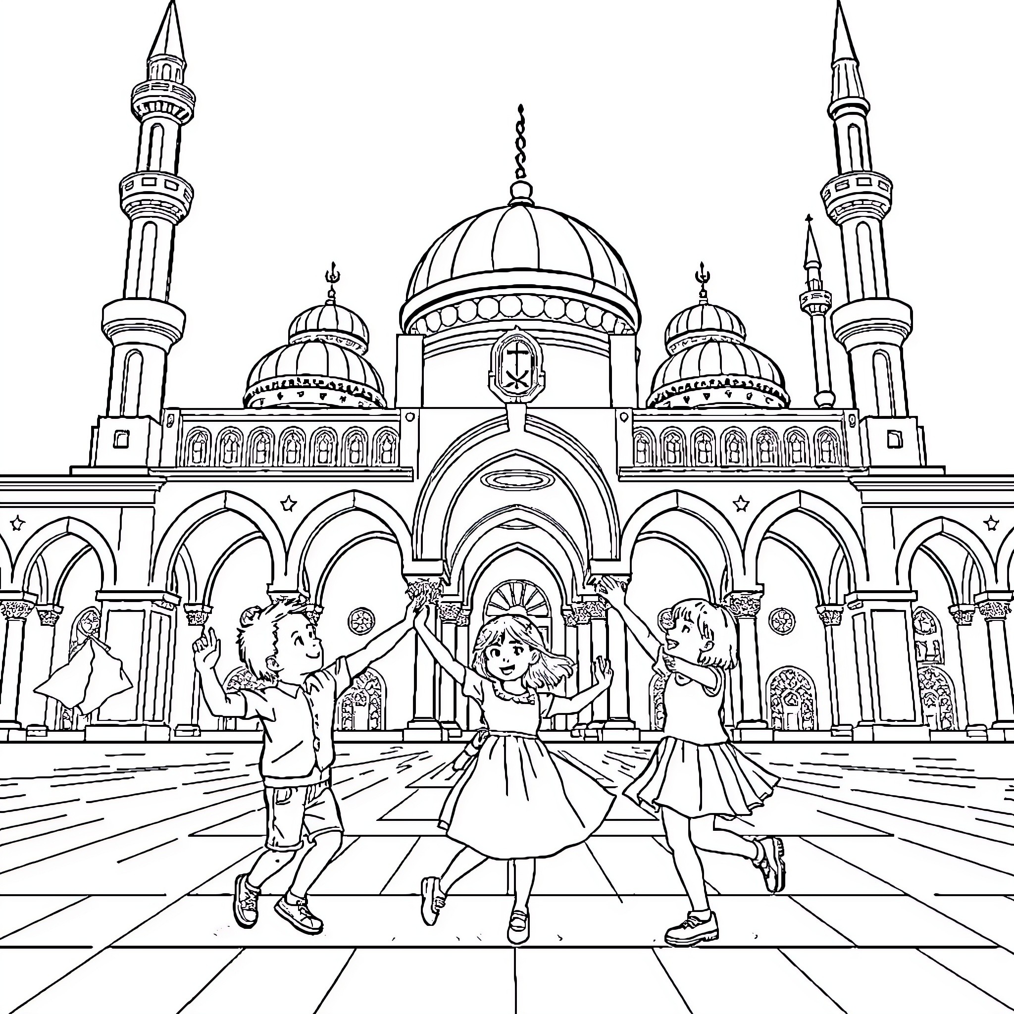 Children dancing in front of ornate mosque Coloring Page (free black-and-white line drawing printable PDF for all, from beginners to advanced learners, including children, teens, adults, and seniors)