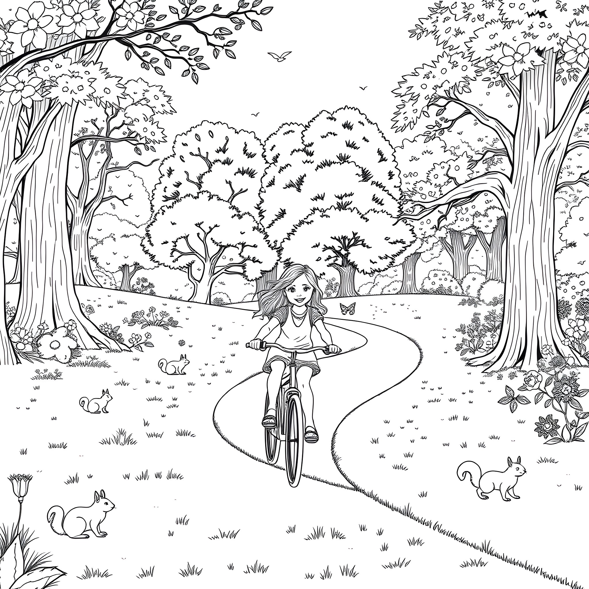 Girl riding bicycle in the enchanting forest Coloring Page (free black-and-white line drawing printable PDF for all, from beginners to advanced learners, including children, teens, adults, and seniors)