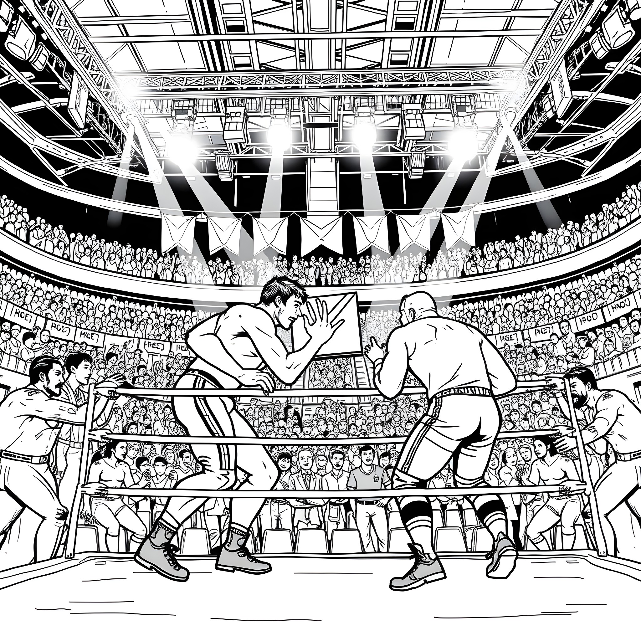 Wcw wrestling match in arena with audience Coloring Page (free black-and-white line drawing printable PDF for all, from beginners to advanced learners, including children, teens, adults, and seniors)
