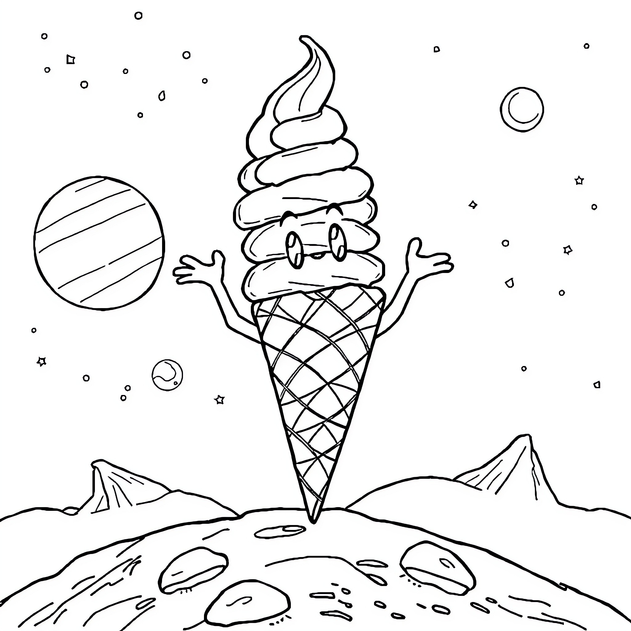 Ice Cream Cone Floating in Whimsical Landscape Coloring Page (free black-and-white line drawing printable PDF for all, from beginners to advanced learners, including children, teens, adults, and seniors)