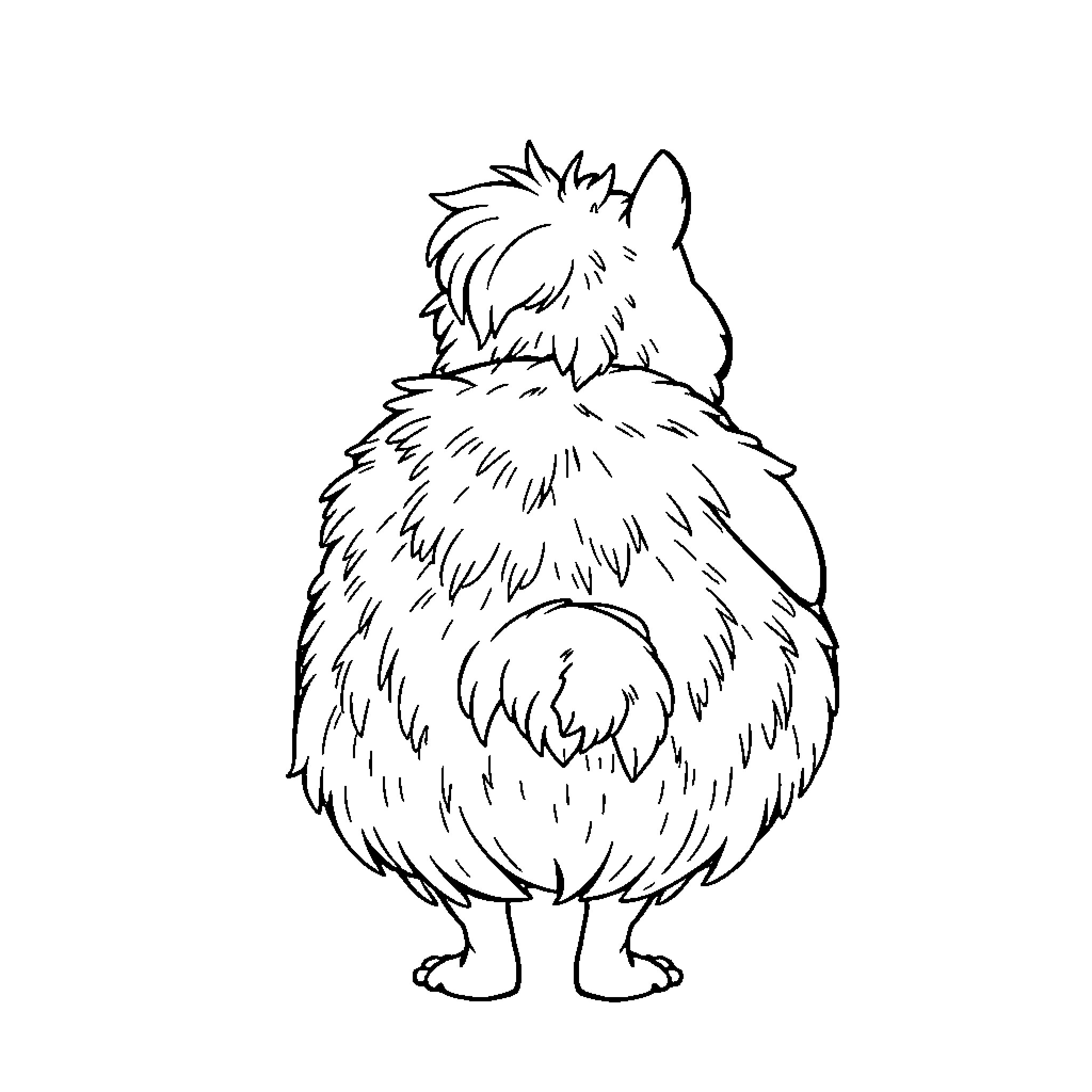 Ass of a Fluffy Creature Coloring Page (free black-and-white line drawing printable PDF for all, from beginners to advanced learners, including children, teens, adults, and seniors)