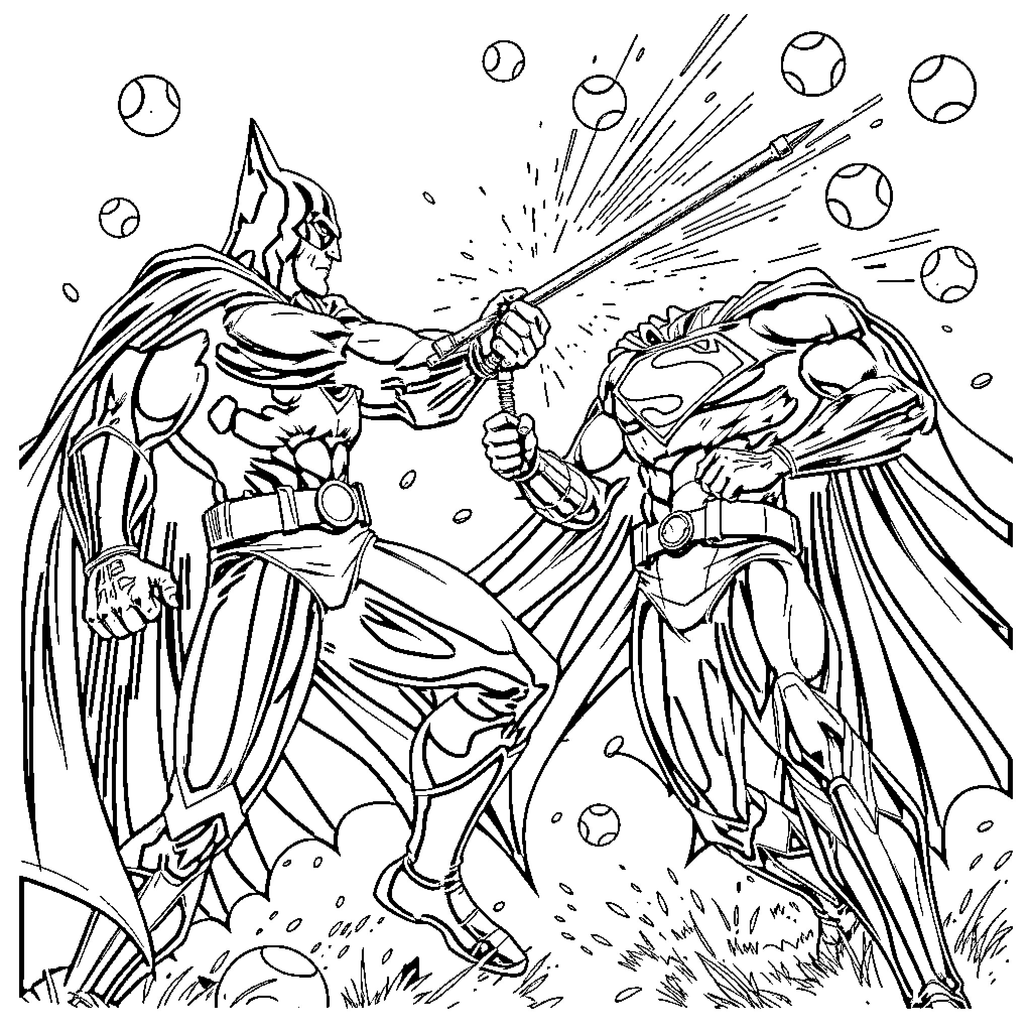 Superman and Superhero Clash in Epic Battle Coloring Page (free black-and-white line drawing printable PDF for all, from beginners to advanced learners, including children, teens, adults, and seniors)