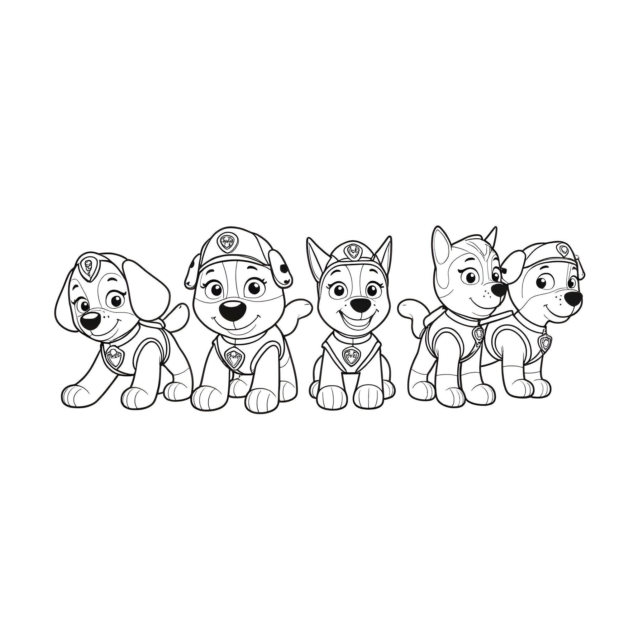 Paw Patrol pups in action poses Coloring Page (free black-and-white line drawing printable PDF for all, from beginners to advanced learners, including children, teens, adults, and seniors)