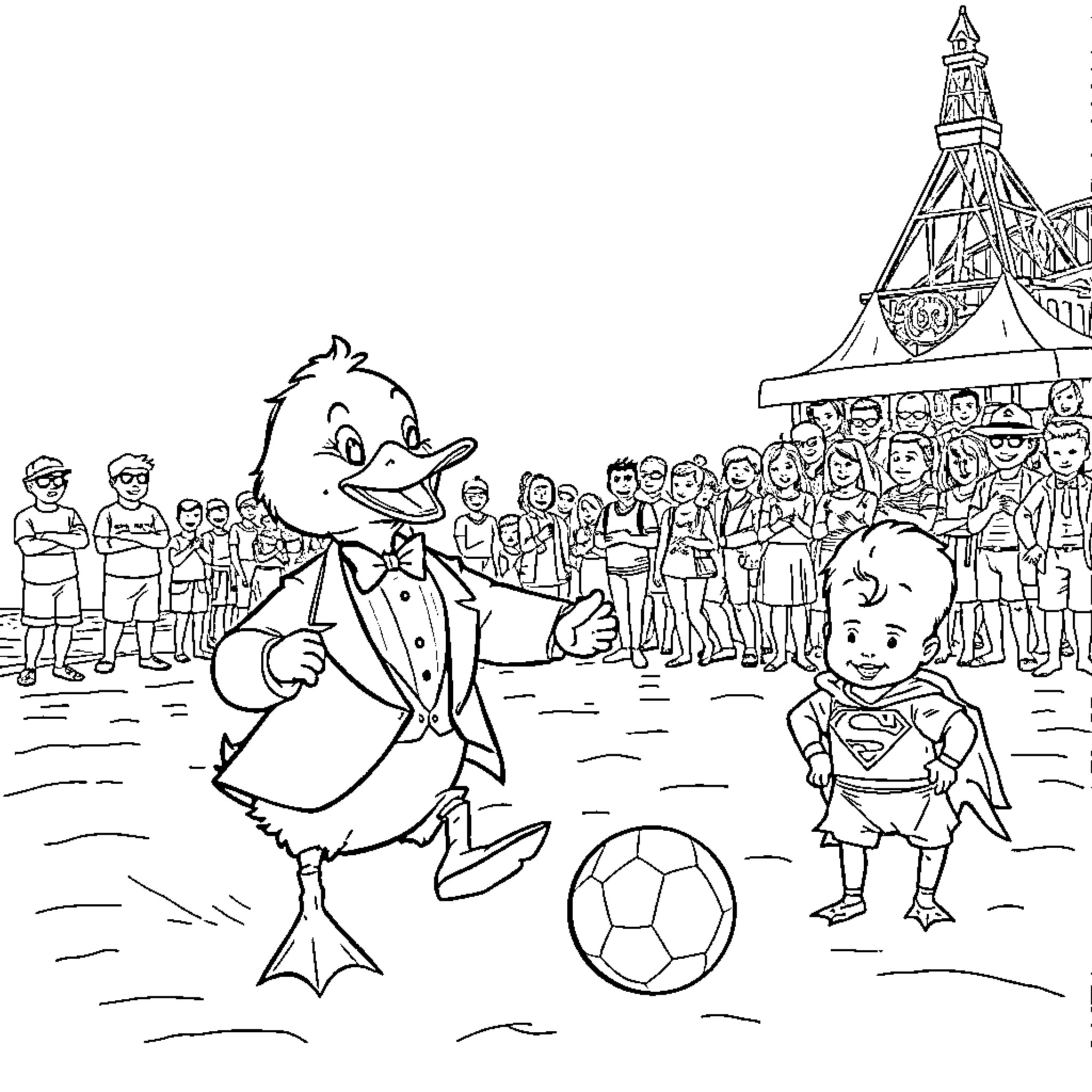 Duck playing soccer with child in a carnival parade Coloring Page (free black-and-white line drawing printable PDF for all, from beginners to advanced learners, including children, teens, adults, and seniors)
