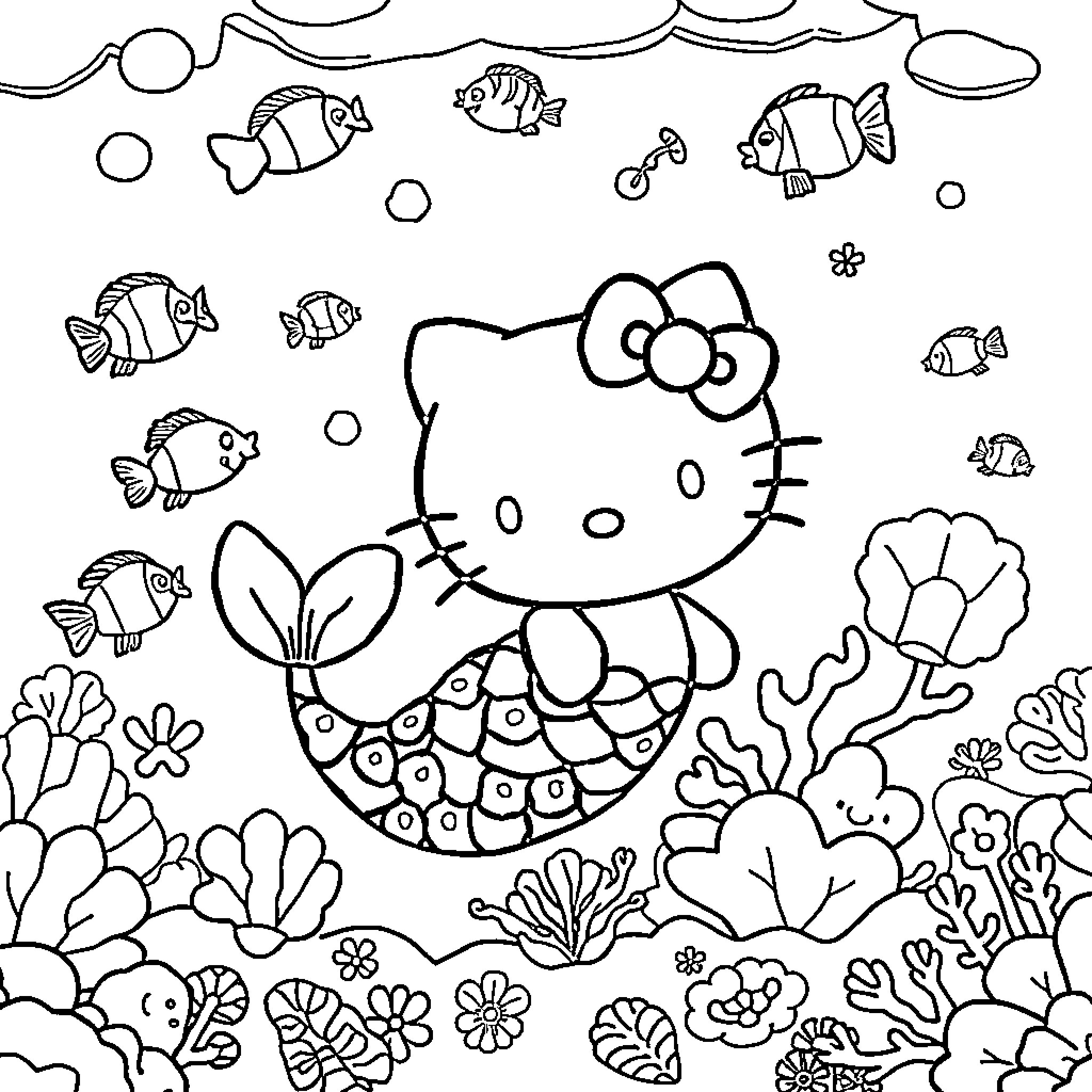 Hello Kitty enjoying a day under the sea Coloring Page (free black-and-white line drawing printable PDF for all, from beginners to advanced learners, including children, teens, adults, and seniors)
