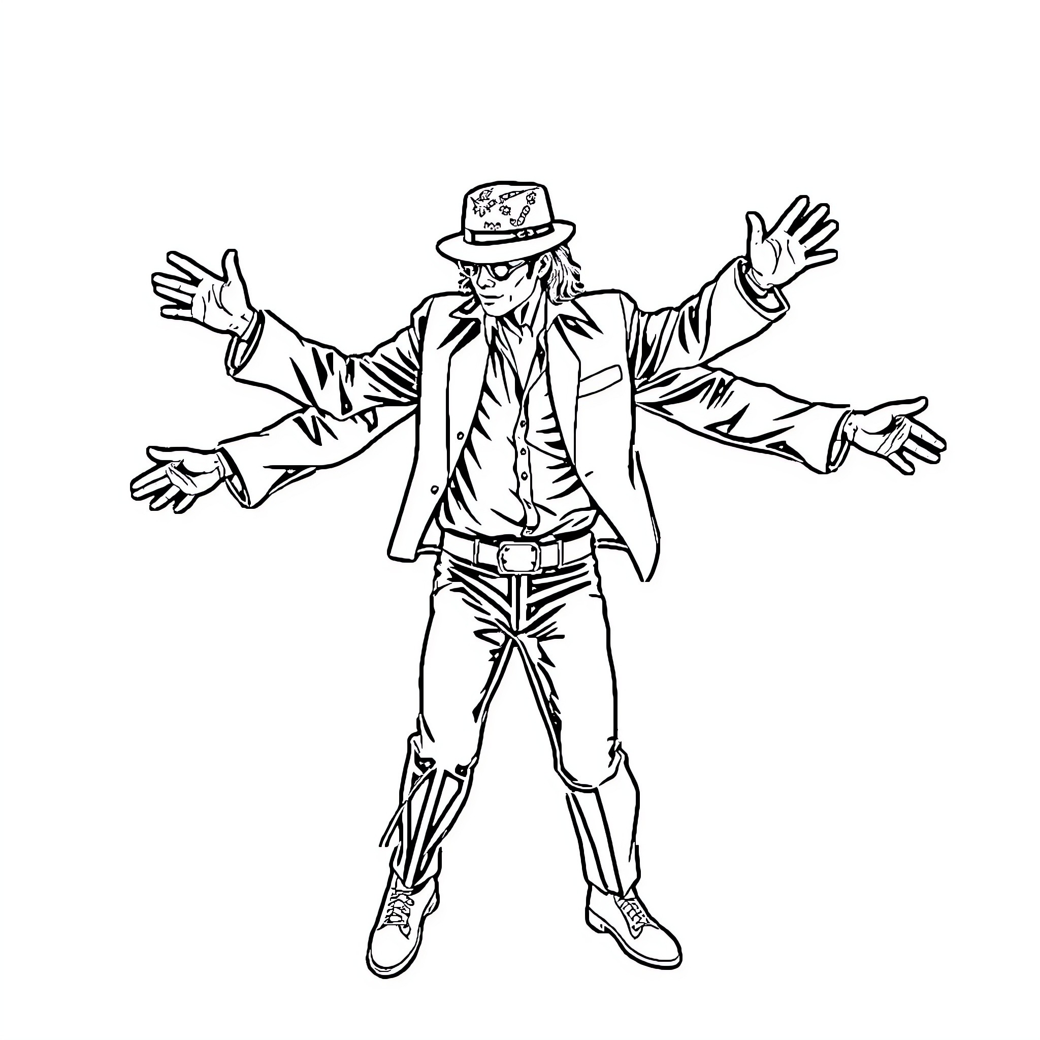 Michael Jackson striking an iconic dance pose Coloring Page (free black-and-white line drawing printable PDF for all, from beginners to advanced learners, including children, teens, adults, and seniors)