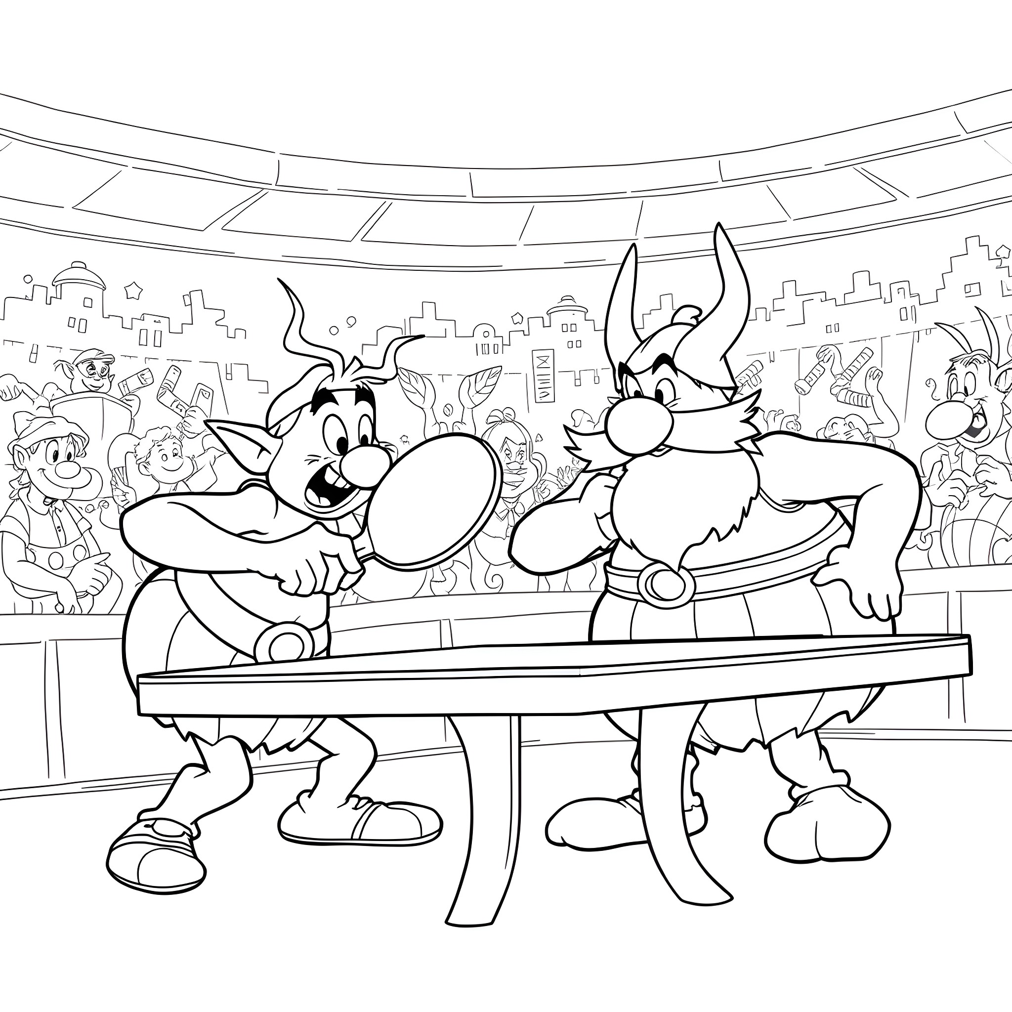 Yoda characters in animated wrestling match Coloring Page (free black-and-white line drawing printable PDF for all, from beginners to advanced learners, including children, teens, adults, and seniors)