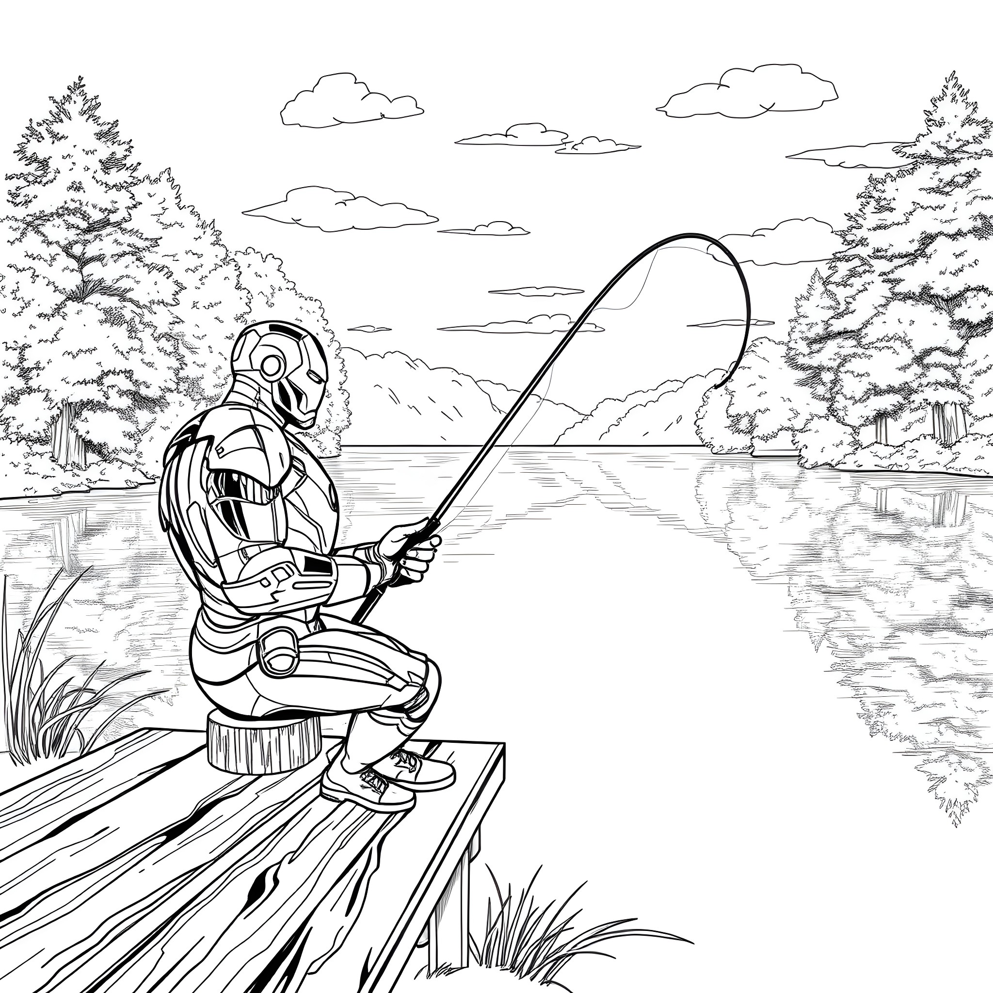 Ironman fishing in the serene outdoors Coloring Page (free black-and-white line drawing printable PDF for all, from beginners to advanced learners, including children, teens, adults, and seniors)