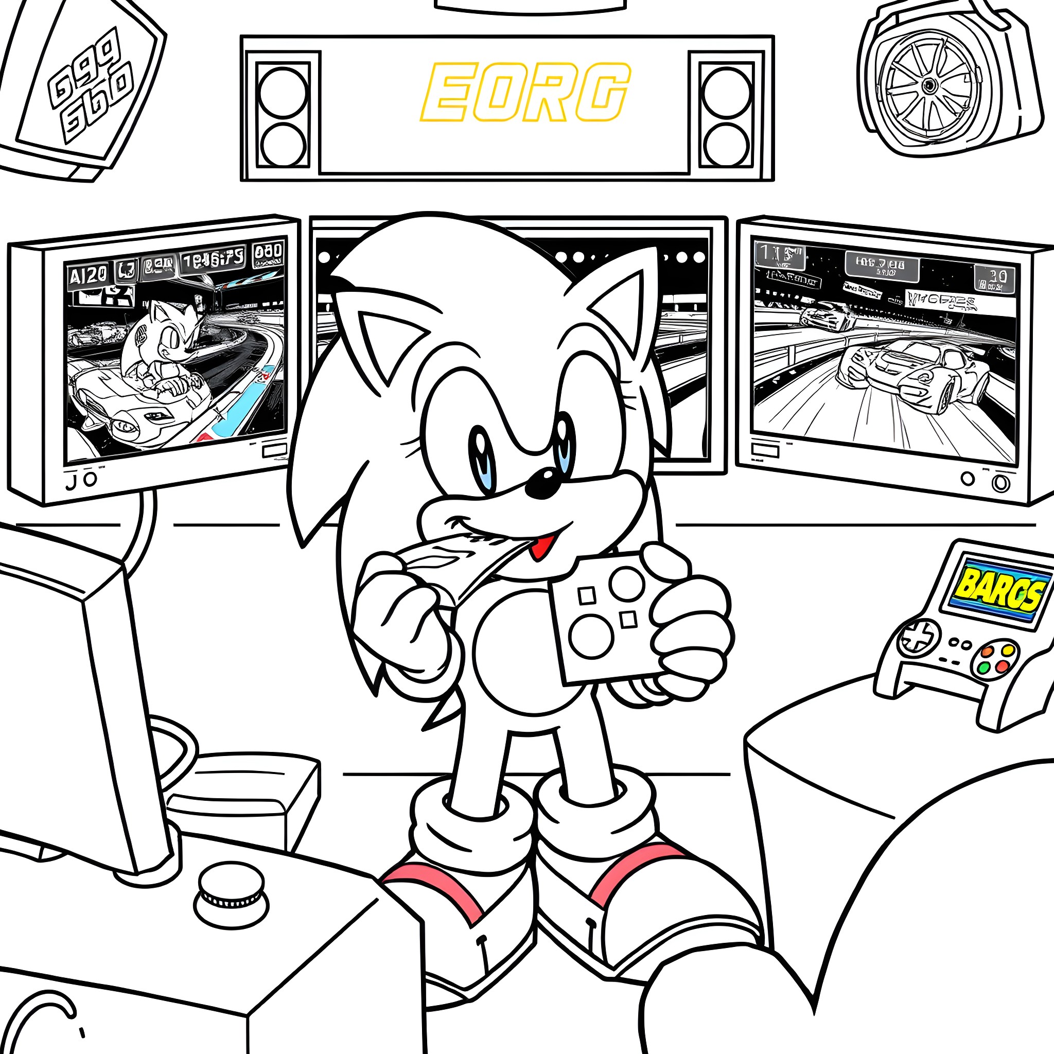 Sonic enjoying video games and media in his room Coloring Page (free black-and-white line drawing printable PDF for all, from beginners to advanced learners, including children, teens, adults, and seniors)