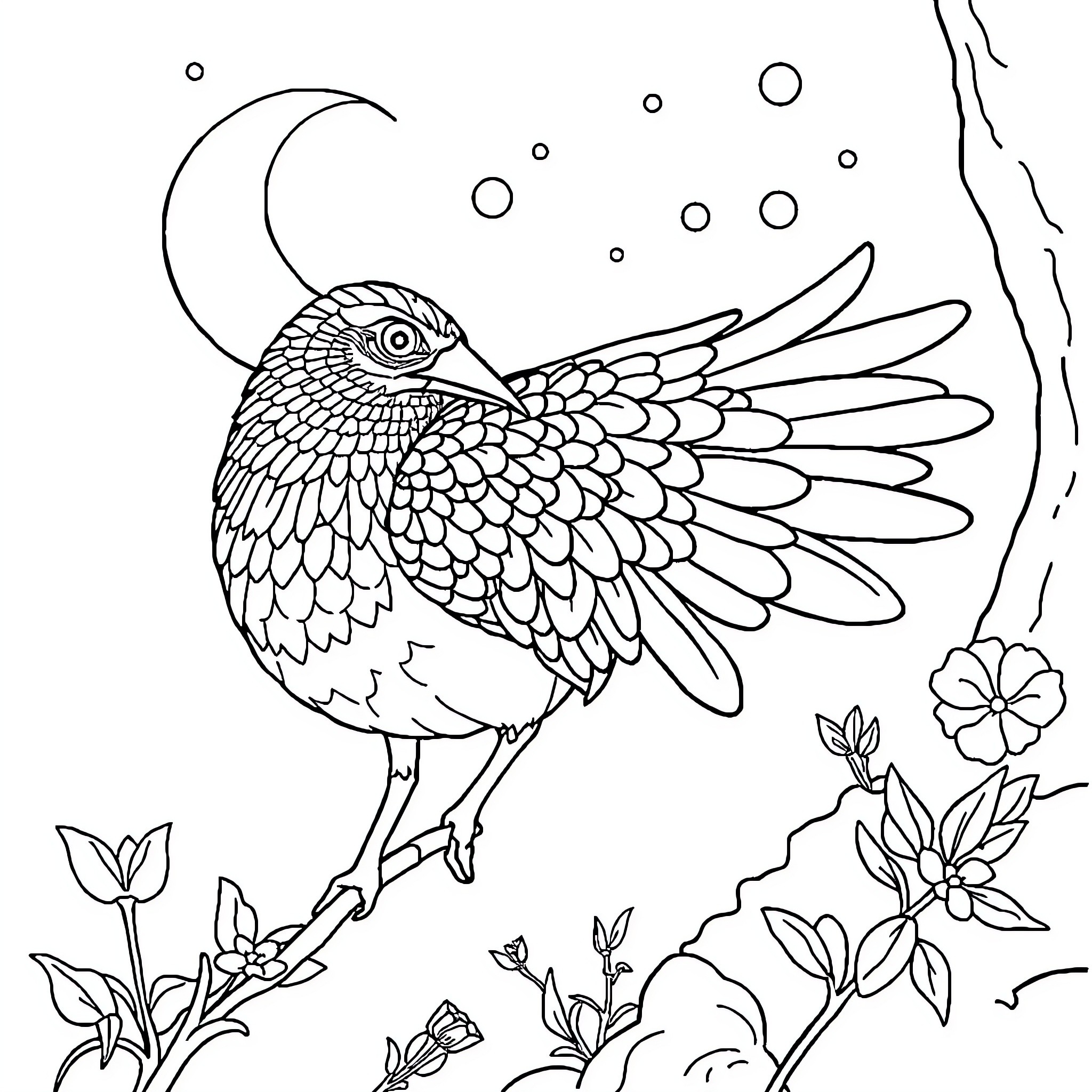 Labubu's Enchanting Moonlit Garden Coloring Page (free black-and-white line drawing printable PDF for all, from beginners to advanced learners, including children, teens, adults, and seniors)