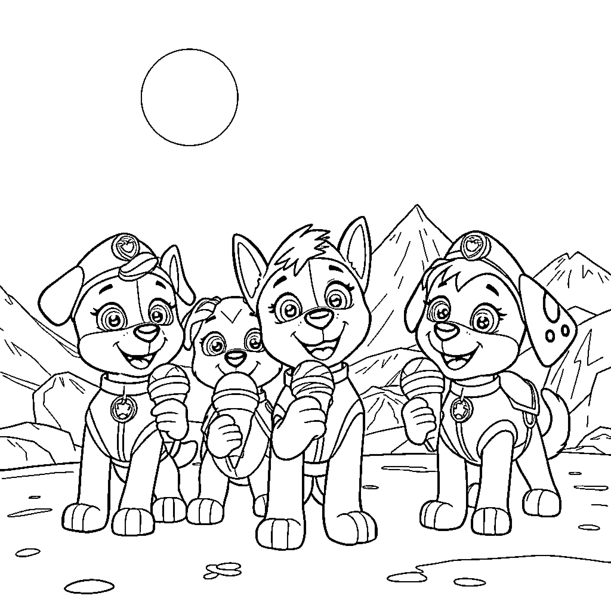 Paw Patrol Exploring the Mountainous Terrain Coloring Page (free black-and-white line drawing printable PDF for all, from beginners to advanced learners, including children, teens, adults, and seniors)