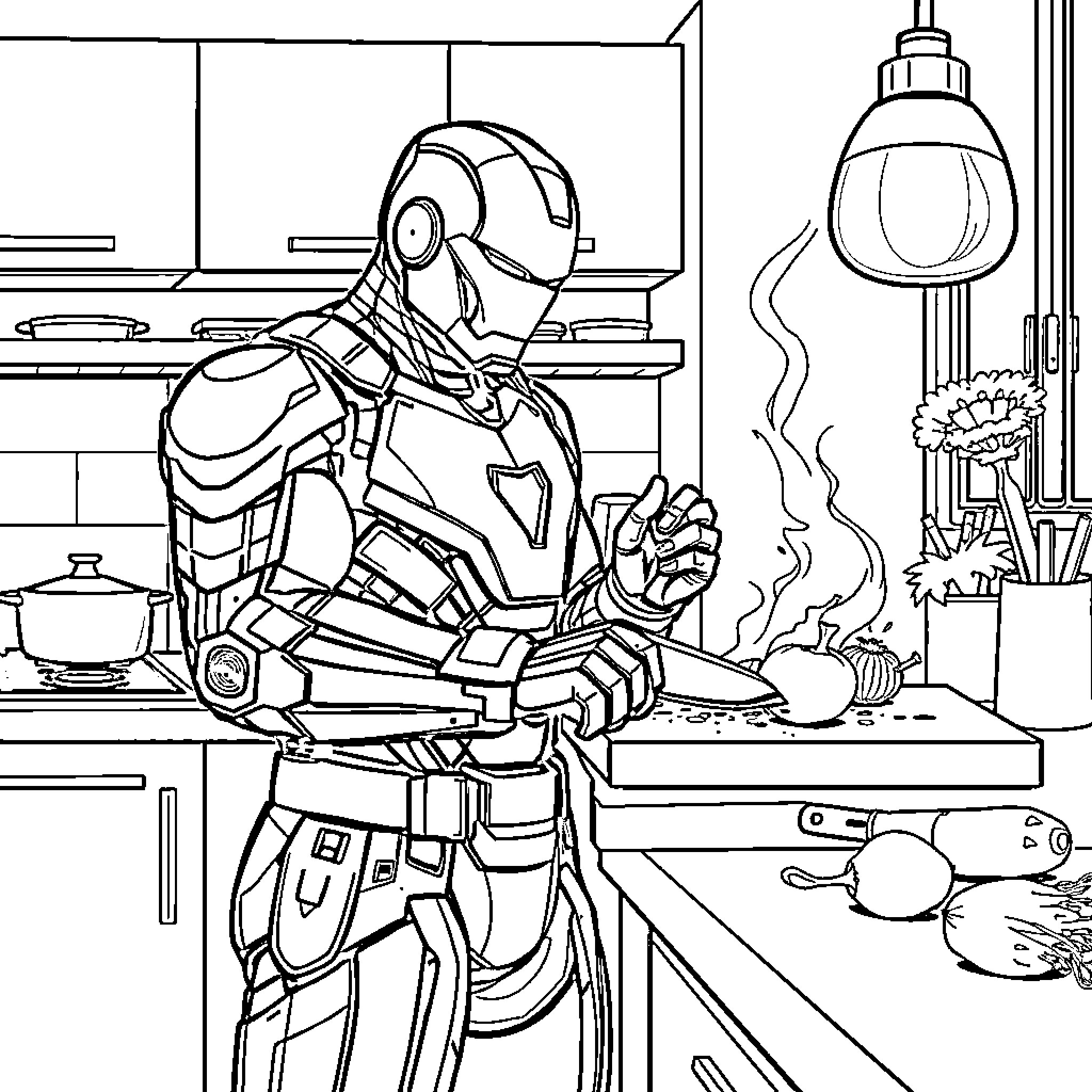 Iron Man Cooking in the Kitchen Coloring Page (free black-and-white line drawing printable PDF for all, from beginners to advanced learners, including children, teens, adults, and seniors)
