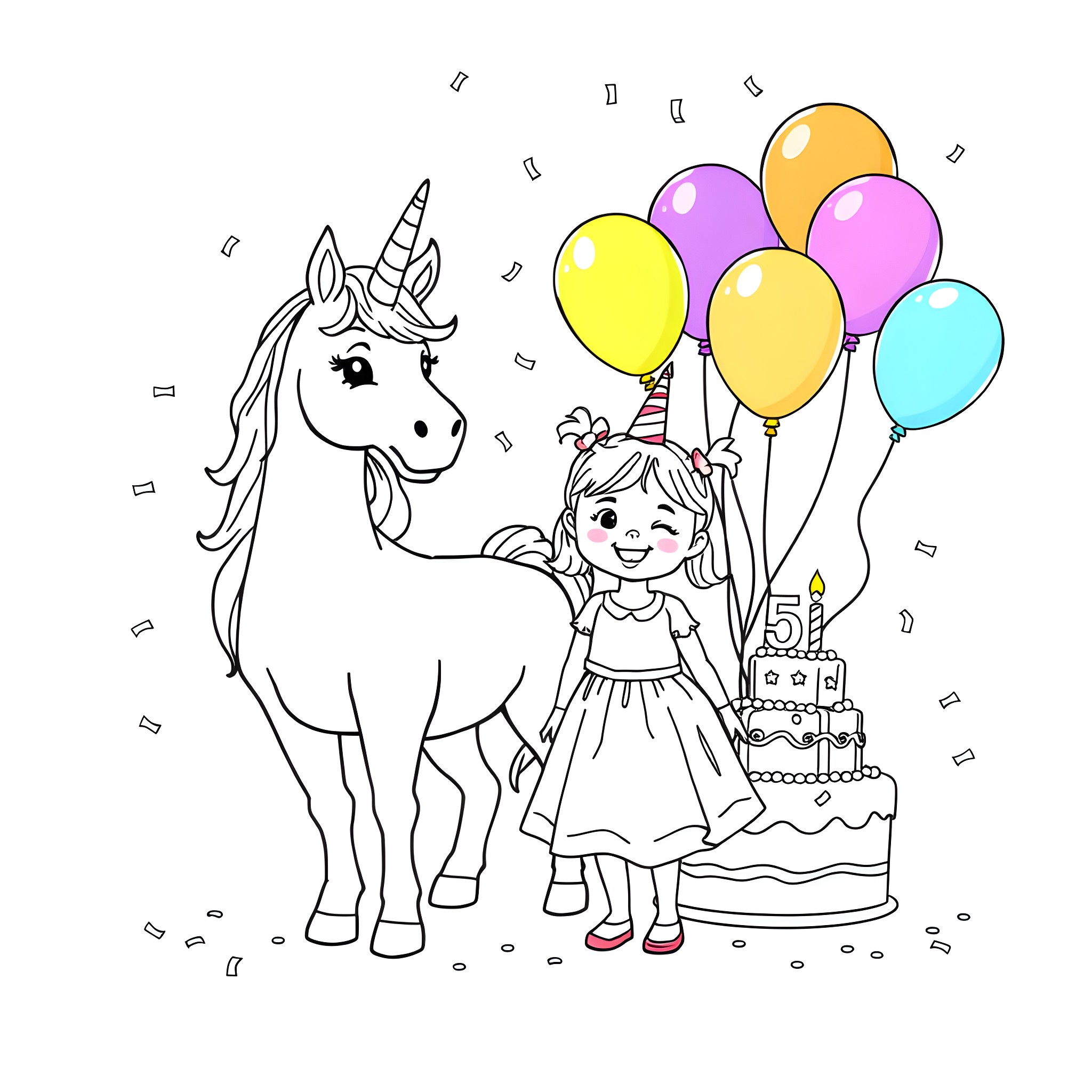 Unicorn and girl celebrating birthday with balloons Coloring Page (free black-and-white line drawing printable PDF for all, from beginners to advanced learners, including children, teens, adults, and seniors)