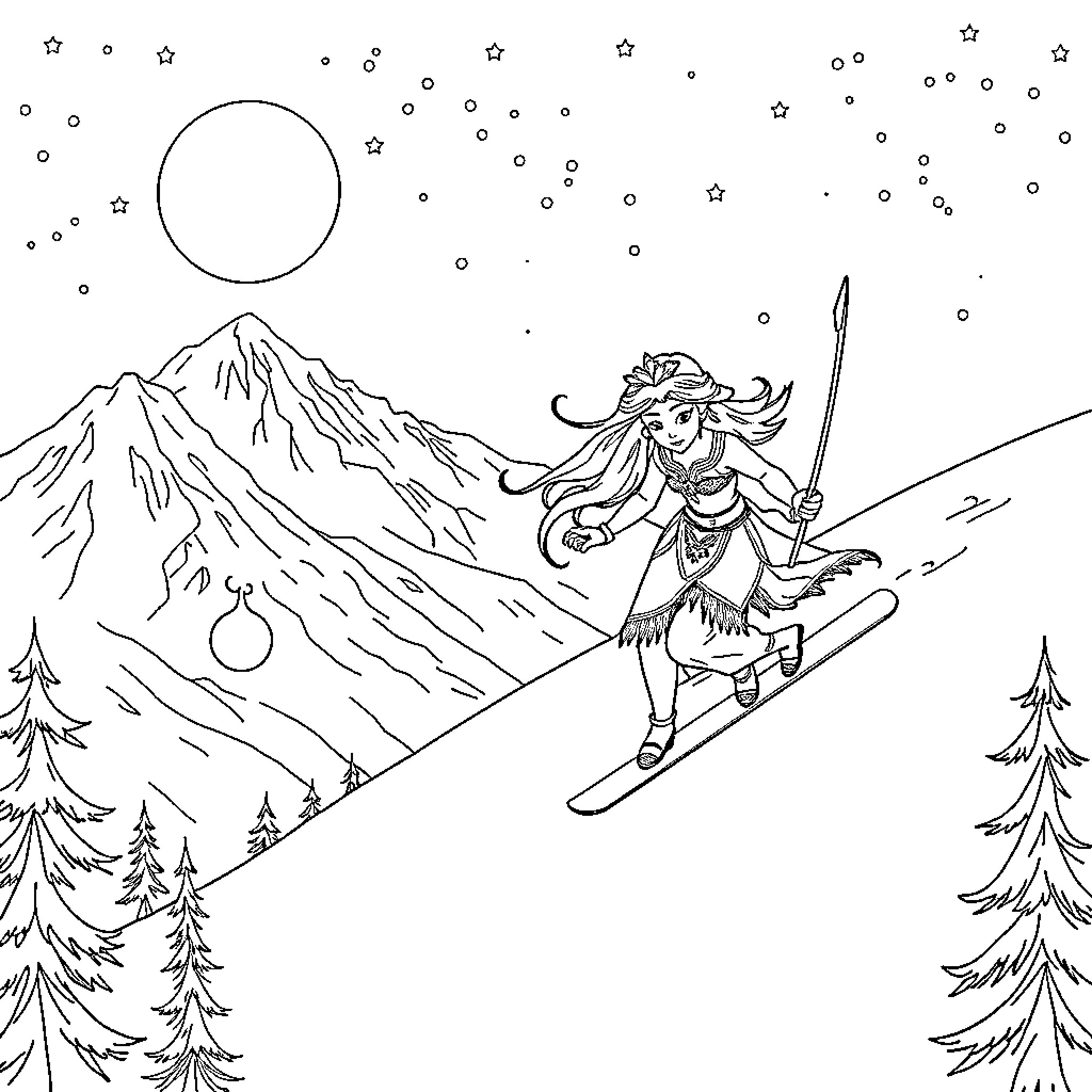 Princess on a Snowy Mountain Adventure Coloring Page (free black-and-white line drawing printable PDF for all, from beginners to advanced learners, including children, teens, adults, and seniors)