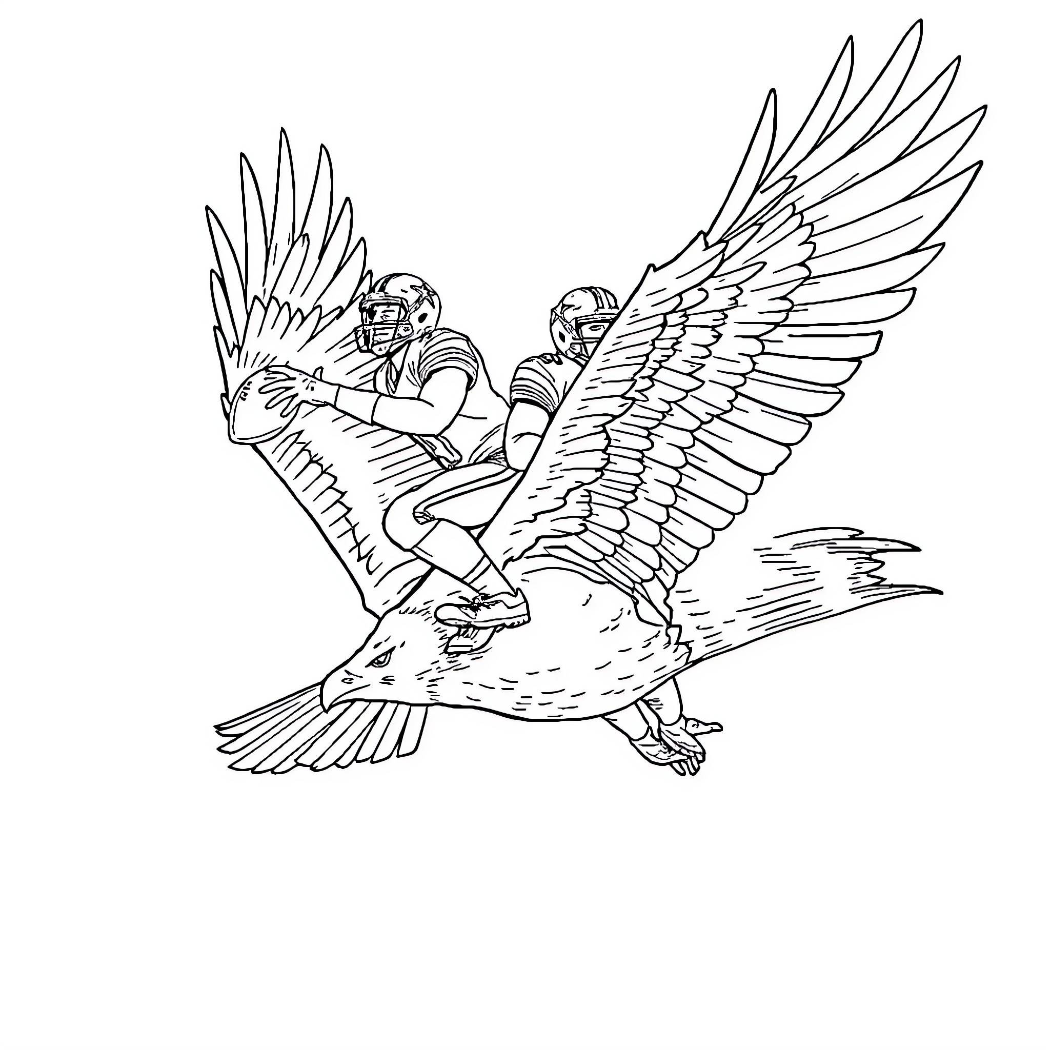 Eagle-themed football players in flight Coloring Page (free black-and-white line drawing printable PDF for all, from beginners to advanced learners, including children, teens, adults, and seniors)