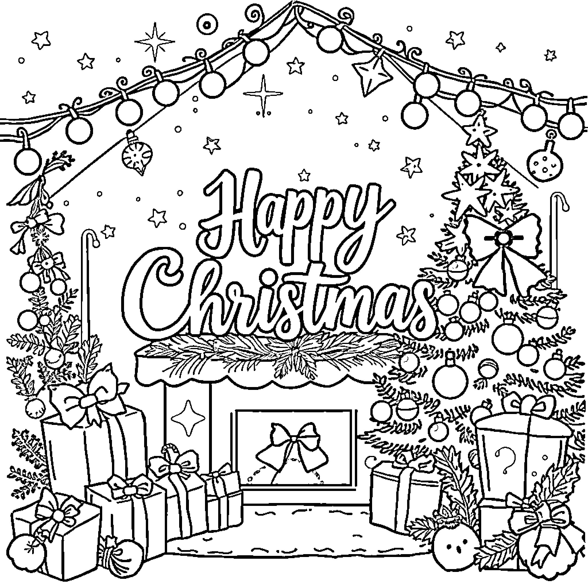 Christmas scene with festive decorations and gifts Coloring Page (free black-and-white line drawing printable PDF for all, from beginners to advanced learners, including children, teens, adults, and seniors)