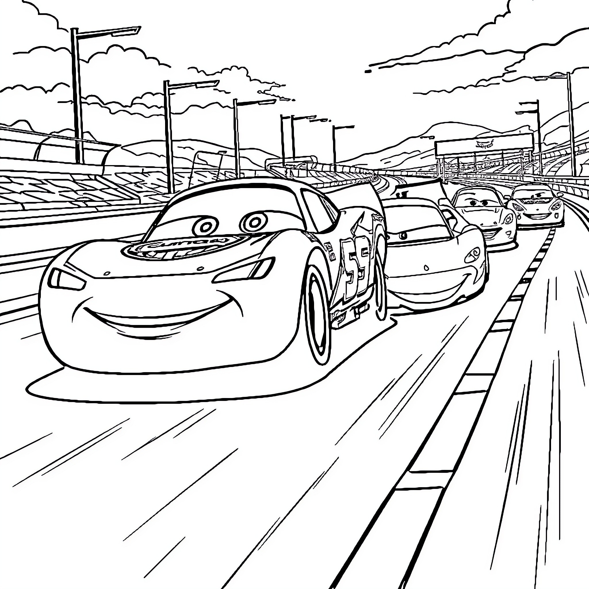Cars racing on a busy highway Coloring Page (free black-and-white line drawing printable PDF for all, from beginners to advanced learners, including children, teens, adults, and seniors)