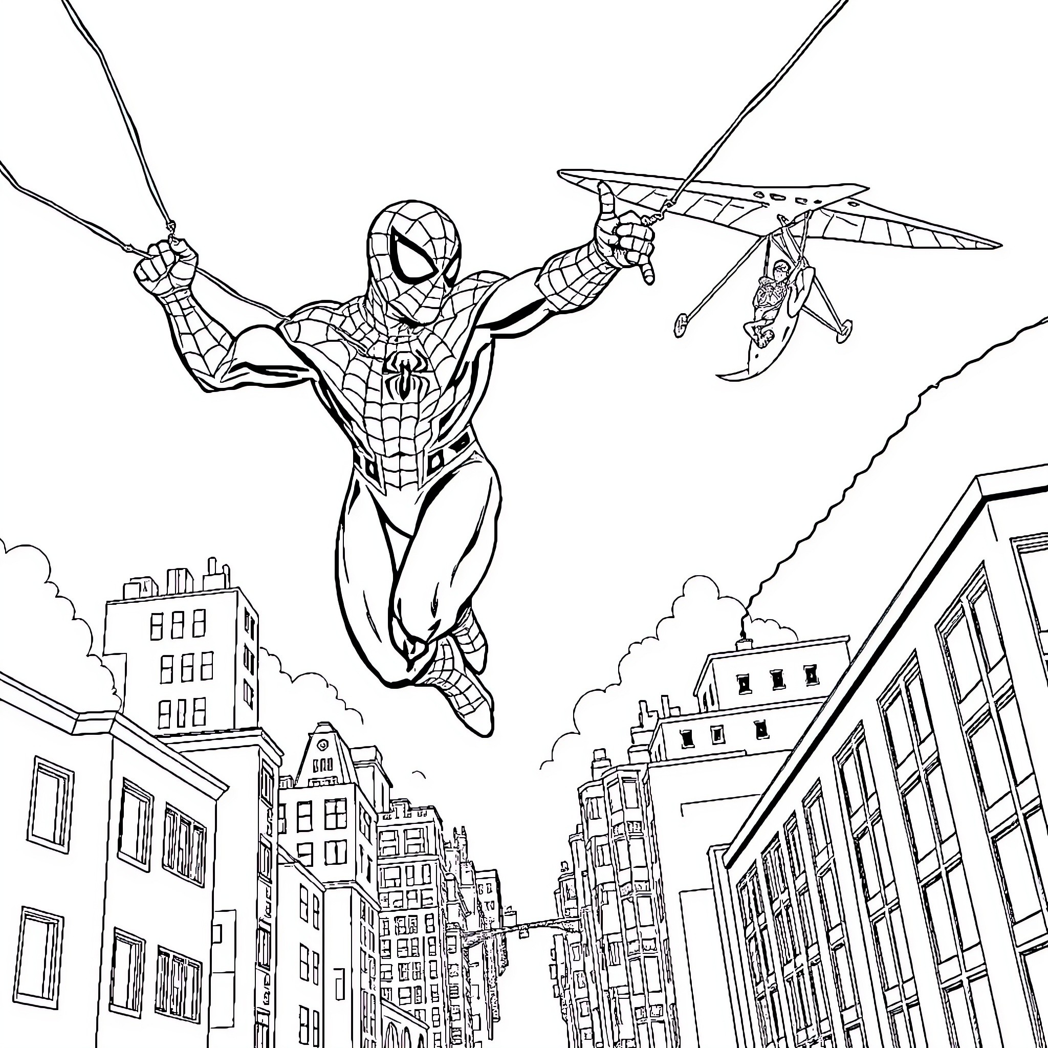 Spiderman swinging through the city with his web shooter Coloring Page (free black-and-white line drawing printable PDF for all, from beginners to advanced learners, including children, teens, adults, and seniors)