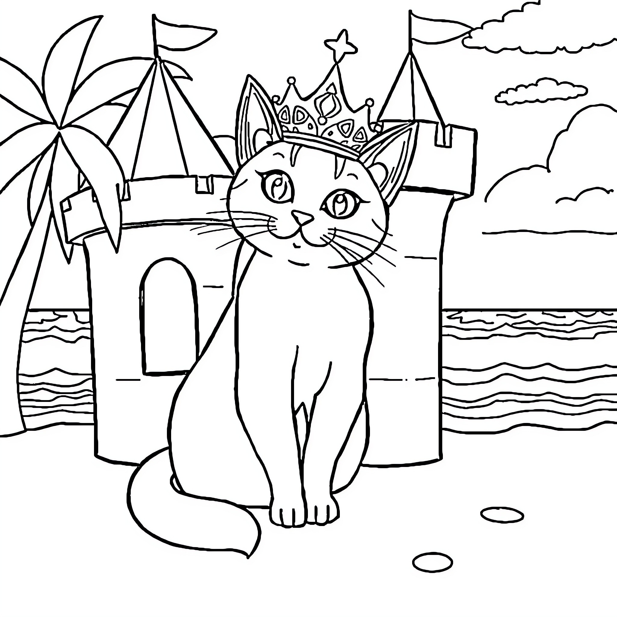 Cat wearing a crown in a fantasy castle setting Coloring Page (free black-and-white line drawing printable PDF for all, from beginners to advanced learners, including children, teens, adults, and seniors)