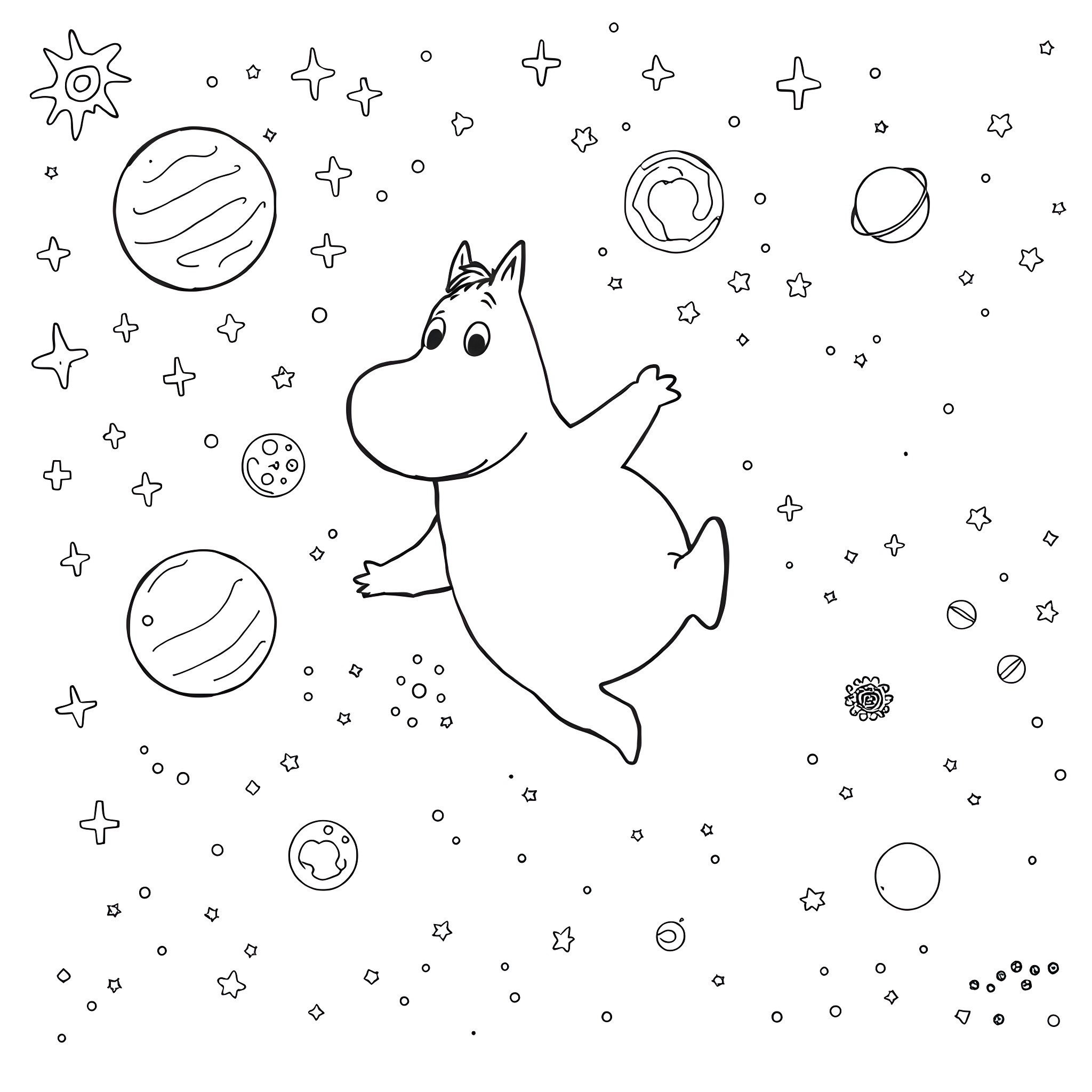 Moomin exploring the cosmic universe Coloring Page (free black-and-white line drawing printable PDF for all, from beginners to advanced learners, including children, teens, adults, and seniors)