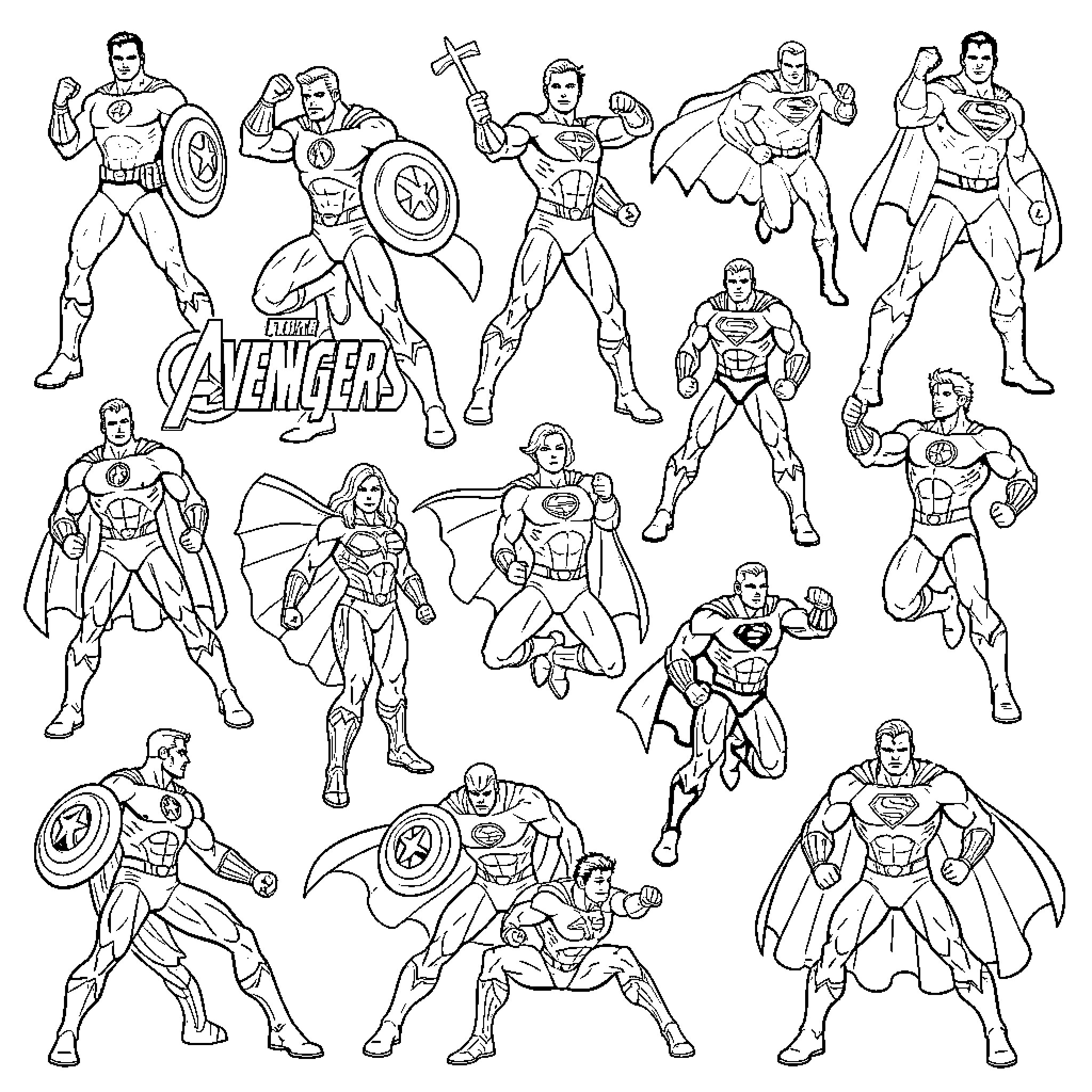 Avenger heroes in dynamic action poses Coloring Page (free black-and-white line drawing printable PDF for all, from beginners to advanced learners, including children, teens, adults, and seniors)