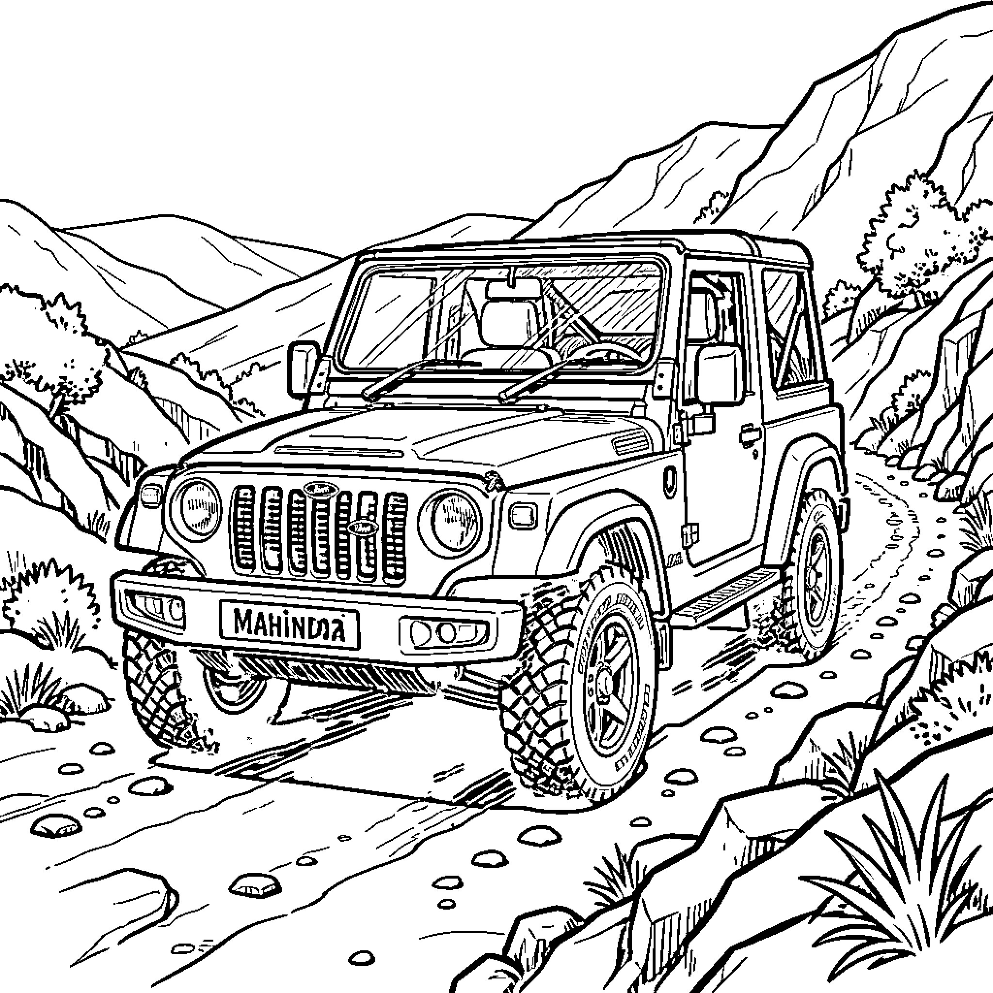 Mahindra Thar traversing rugged mountain terrain Coloring Page (free black-and-white line drawing printable PDF for all, from beginners to advanced learners, including children, teens, adults, and seniors)