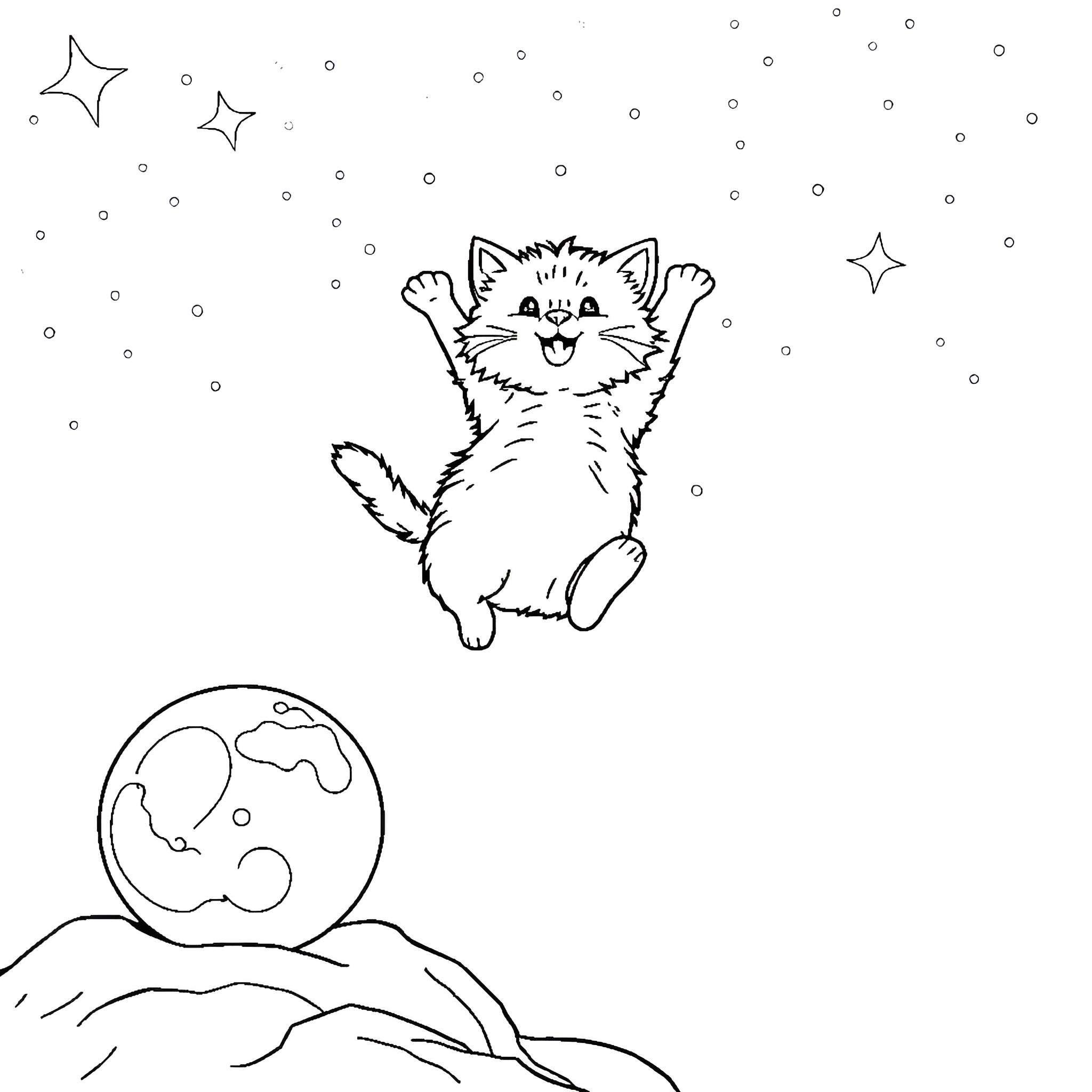 Cat frolicking among the stars Coloring Page (free black-and-white line drawing printable PDF for all, from beginners to advanced learners, including children, teens, adults, and seniors)