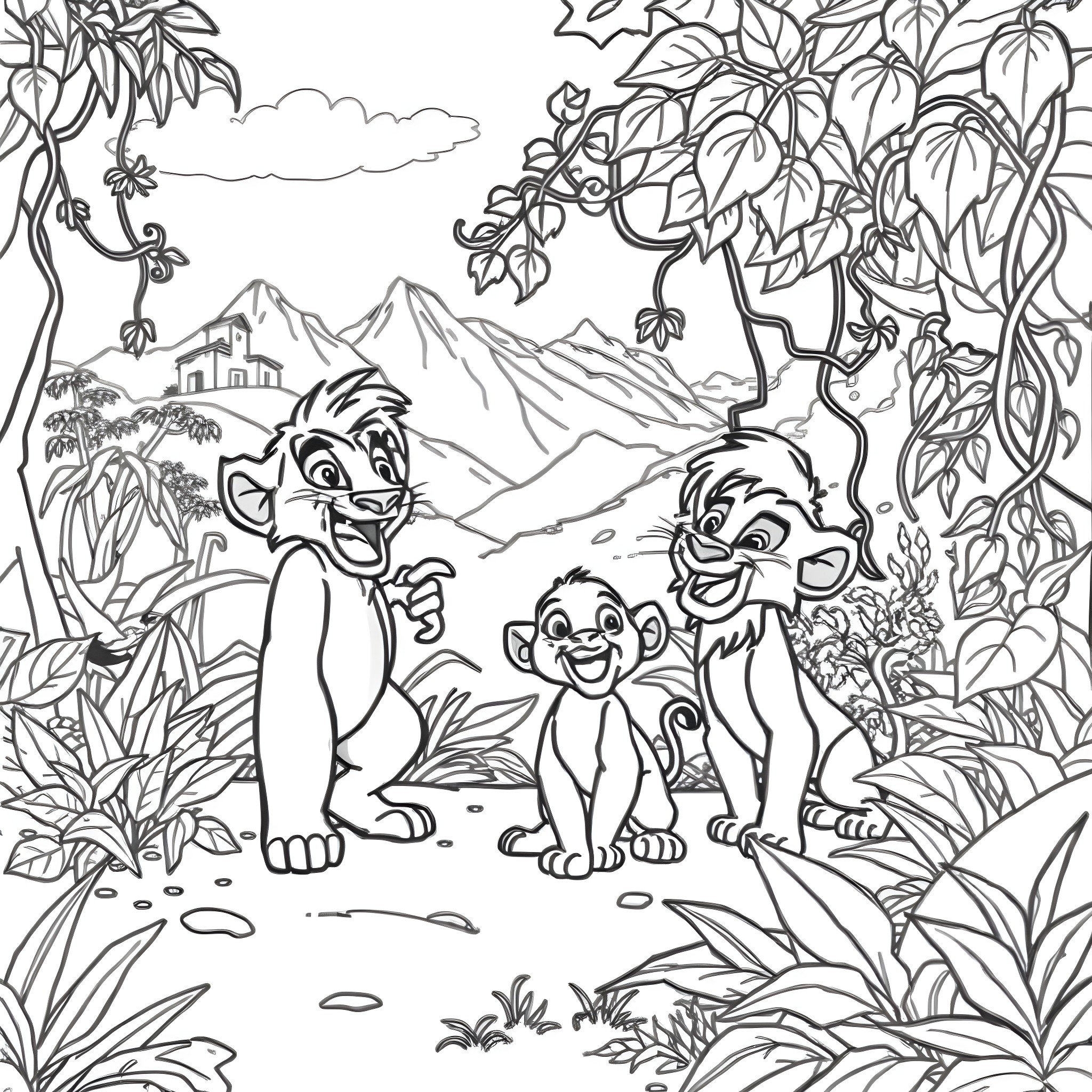 Simba and Friends Explore the Enchanting Jungle Coloring Page (free black-and-white line drawing printable PDF for all, from beginners to advanced learners, including children, teens, adults, and seniors)