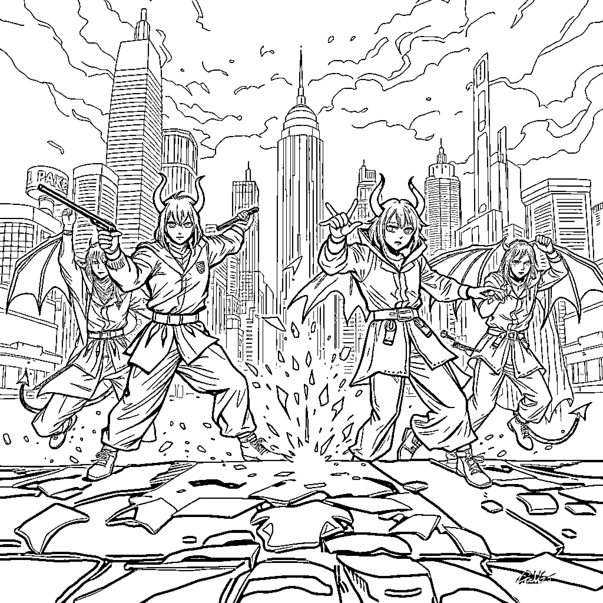Demon Hunters in Action Amid City Skyline Coloring Page (free black-and-white line drawing printable PDF for all, from beginners to advanced learners, including children, teens, adults, and seniors)