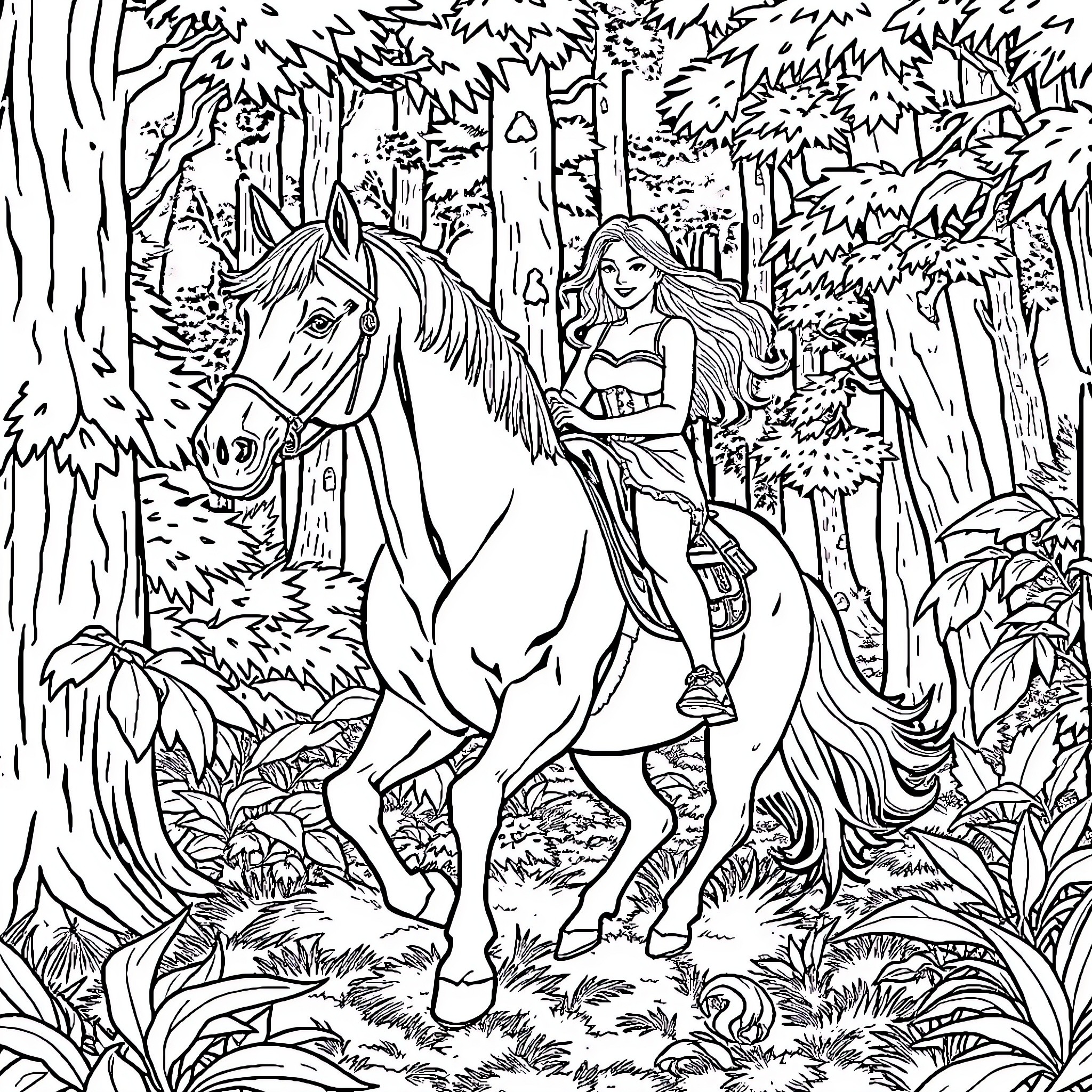 Horse-Riding Girl in Enchanted Forest Coloring Page (free black-and-white line drawing printable PDF for all, from beginners to advanced learners, including children, teens, adults, and seniors)