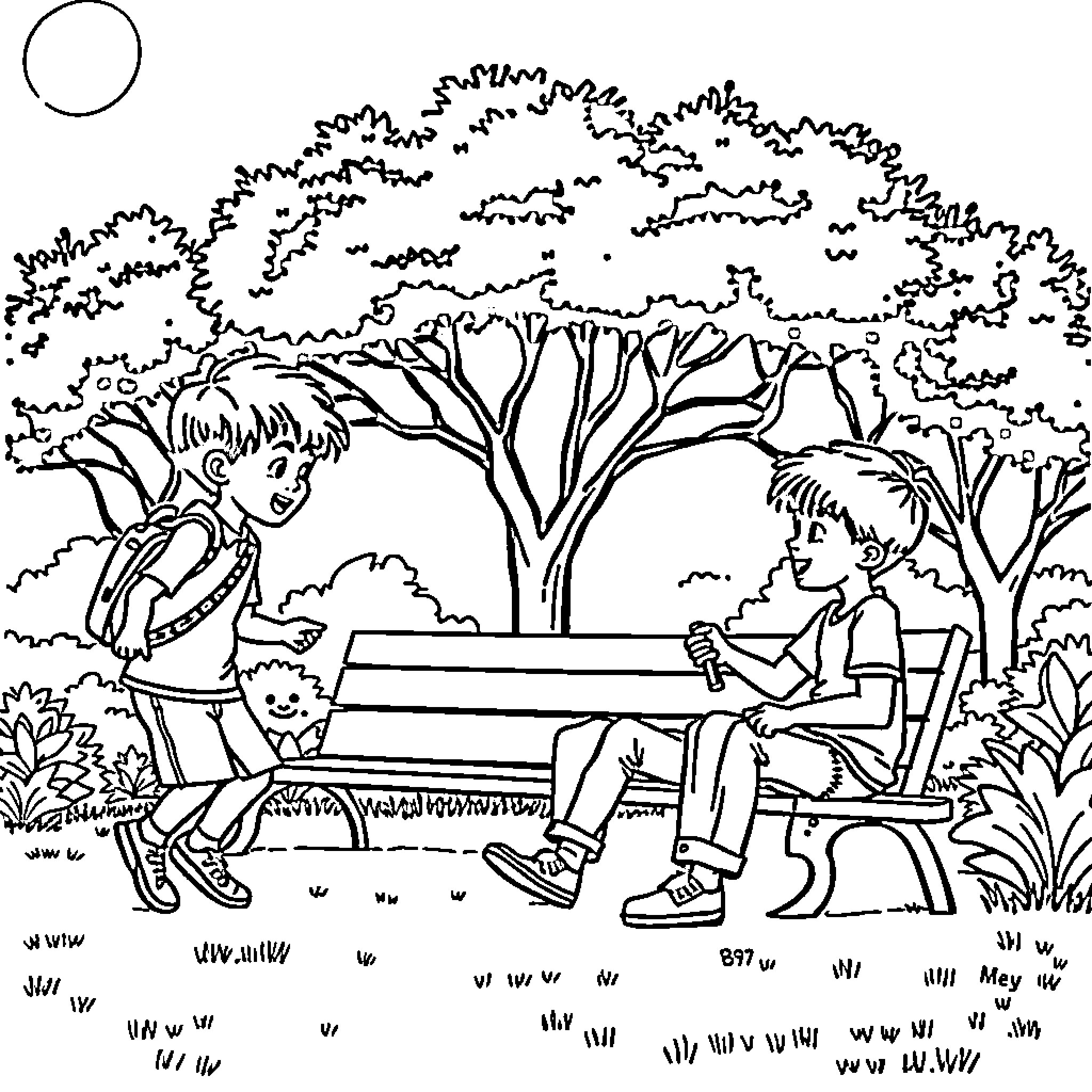 Saja Boy enjoying a relaxing day in the park Coloring Page (free black-and-white line drawing printable PDF for all, from beginners to advanced learners, including children, teens, adults, and seniors)