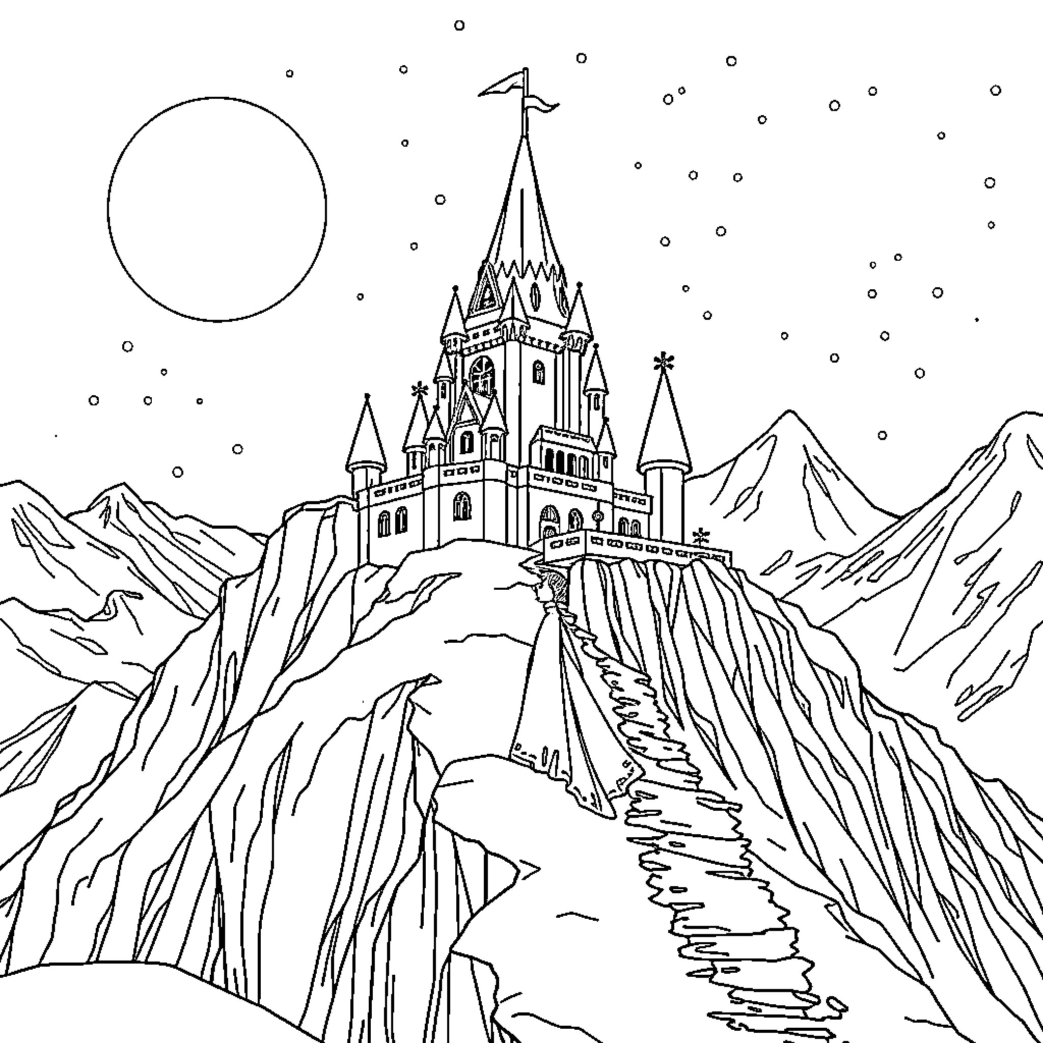Elsa's Magical Castle in the Enchanted Snowscape Coloring Page (free black-and-white line drawing printable PDF for all, from beginners to advanced learners, including children, teens, adults, and seniors)