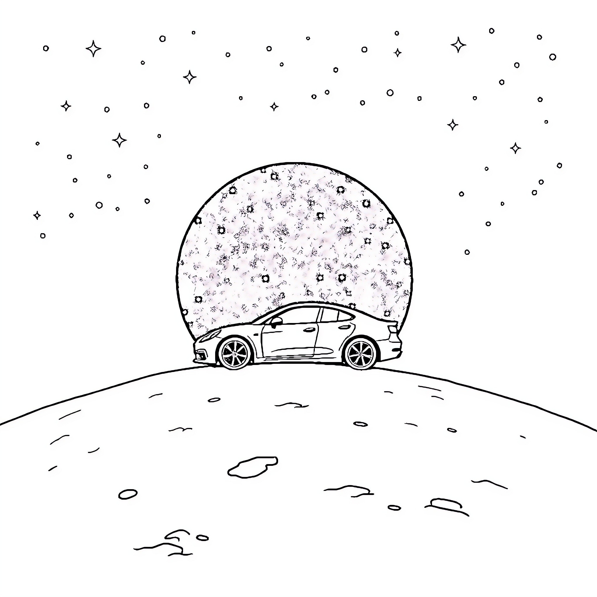 Car driving under starry night sky Coloring Page (free black-and-white line drawing printable PDF for all, from beginners to advanced learners, including children, teens, adults, and seniors)