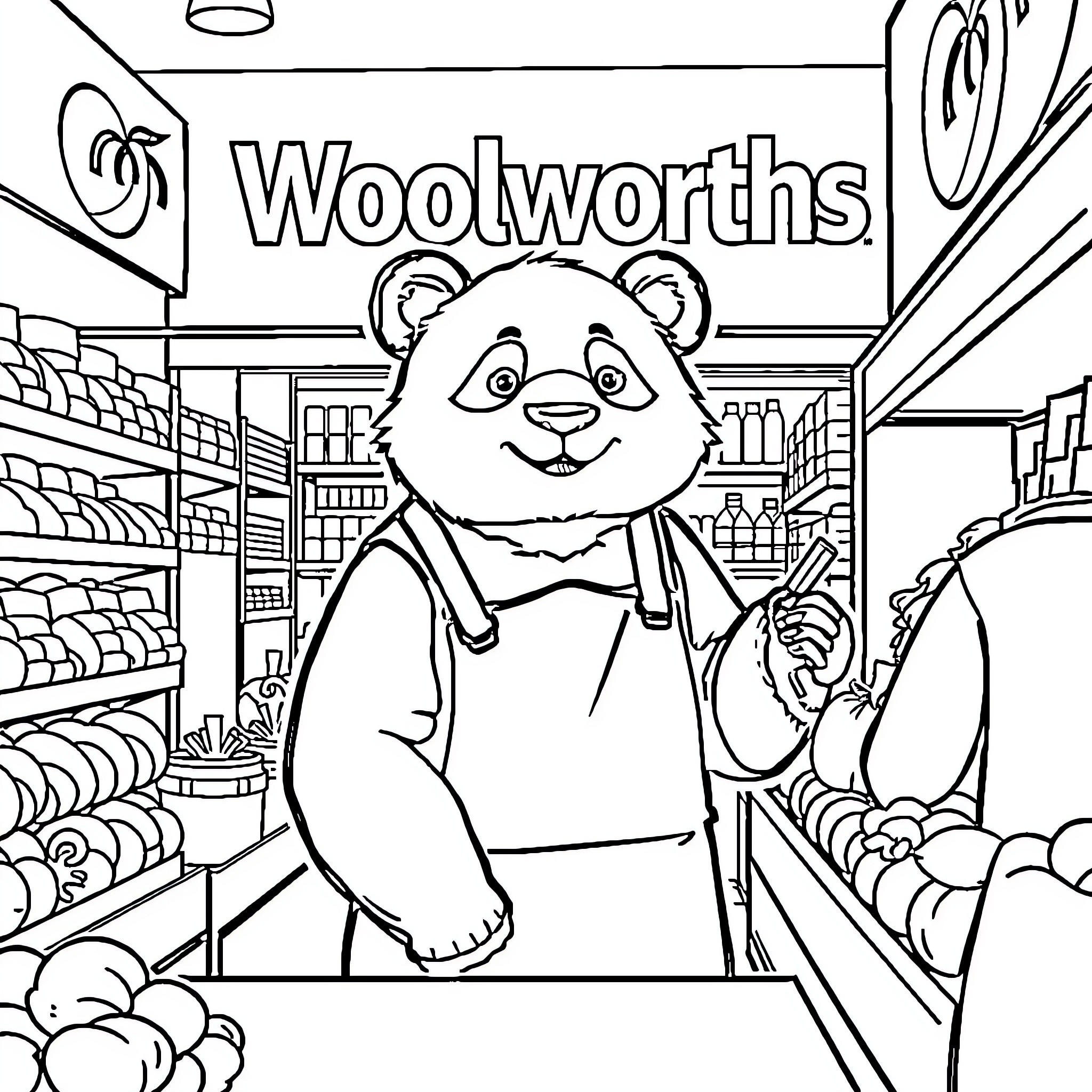 Panda working happily at the grocery store Coloring Page (free black-and-white line drawing printable PDF for all, from beginners to advanced learners, including children, teens, adults, and seniors)