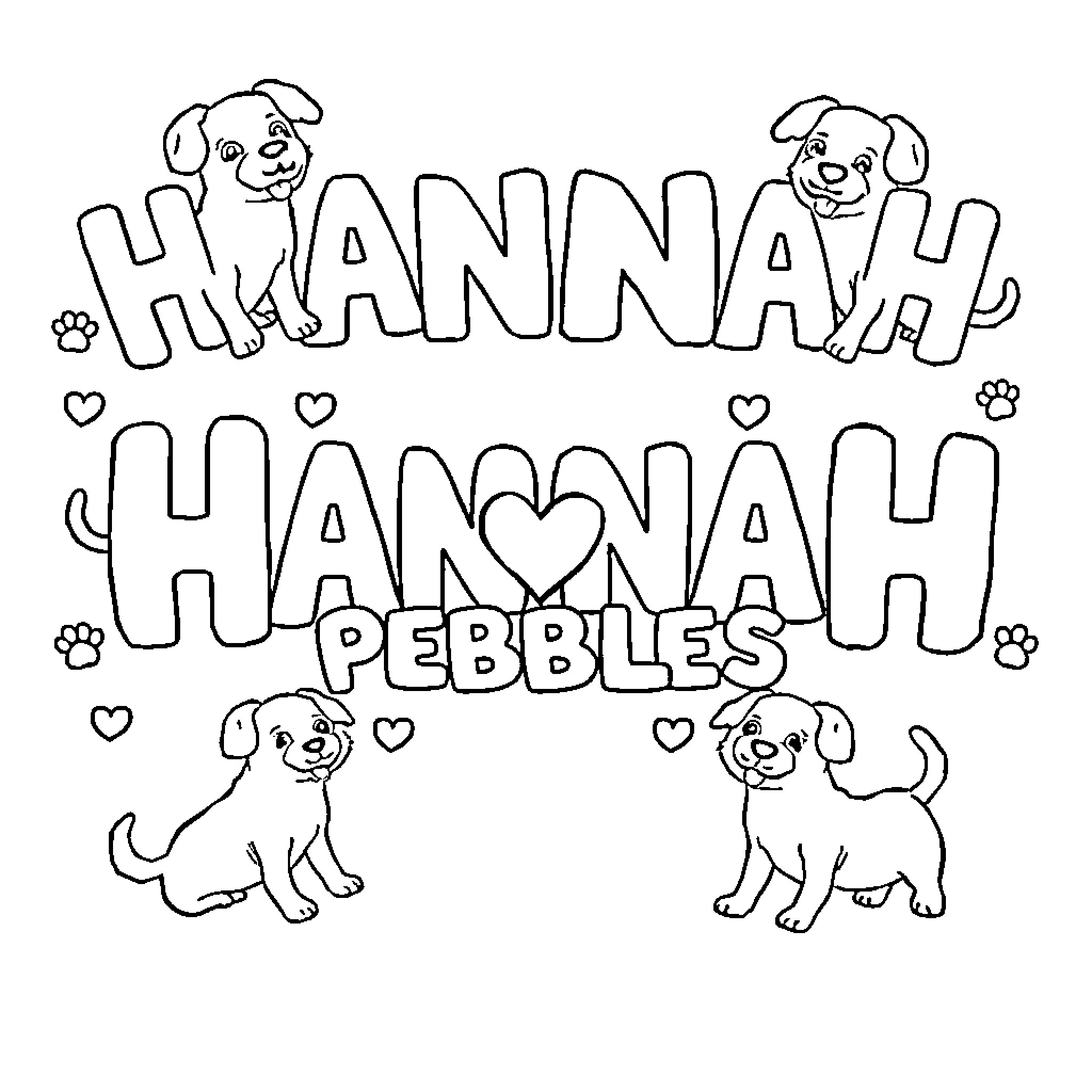Dog friends playing with Hannah Hannah Pebbles Coloring Page (free black-and-white line drawing printable PDF for all, from beginners to advanced learners, including children, teens, adults, and seniors)