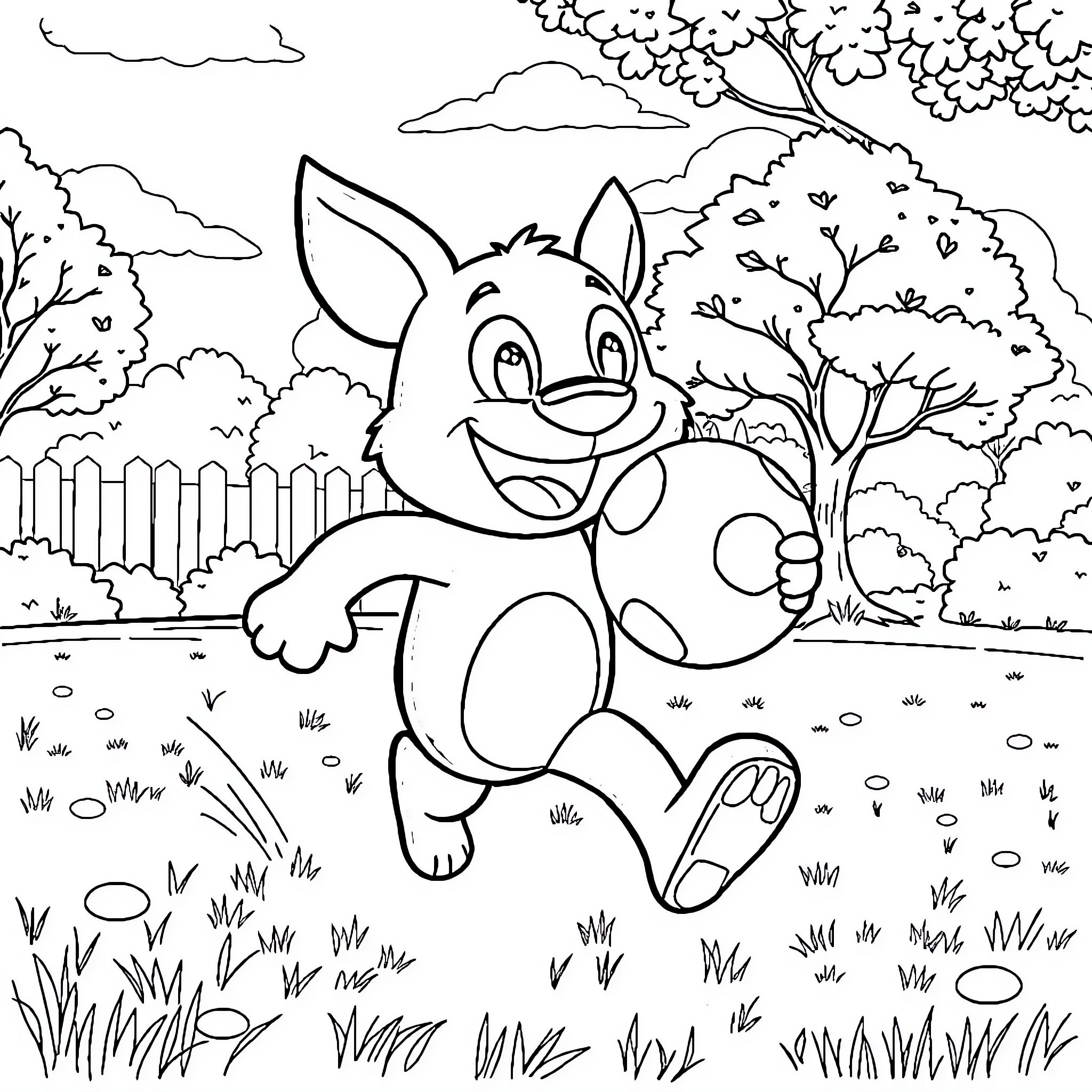 Bluey playing joyfully in the countryside Coloring Page (free black-and-white line drawing printable PDF for all, from beginners to advanced learners, including children, teens, adults, and seniors)