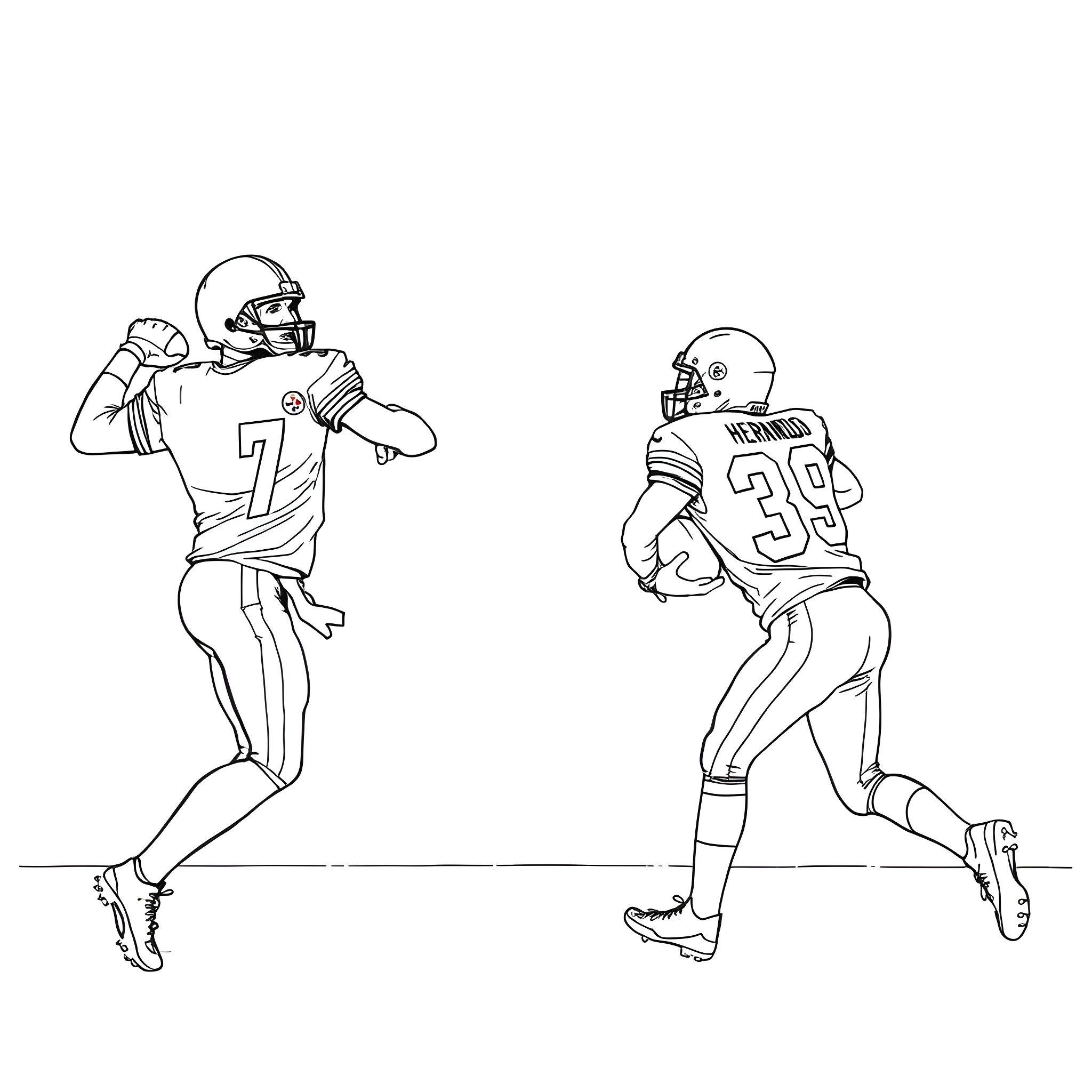 Football players in action with jerseys Coloring Page (free black-and-white line drawing printable PDF for all, from beginners to advanced learners, including children, teens, adults, and seniors)