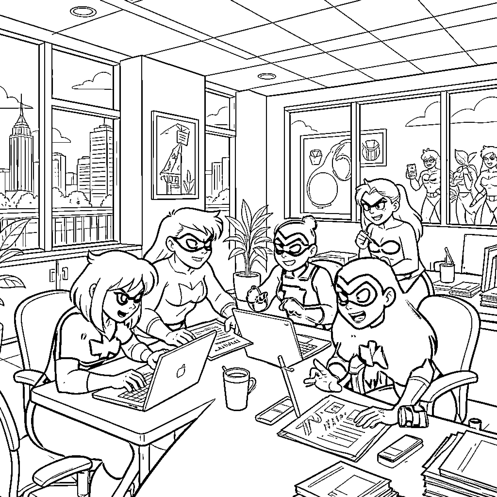 Teen Titans working together on laptops in an office Coloring Page (free black-and-white line drawing printable PDF for all, from beginners to advanced learners, including children, teens, adults, and seniors)