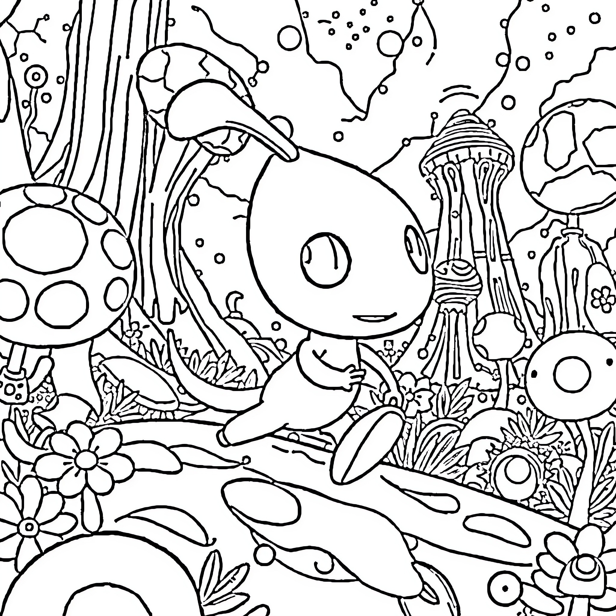 Pikmin exploring a fantastical underwater world Coloring Page (free black-and-white line drawing printable PDF for all, from beginners to advanced learners, including children, teens, adults, and seniors)