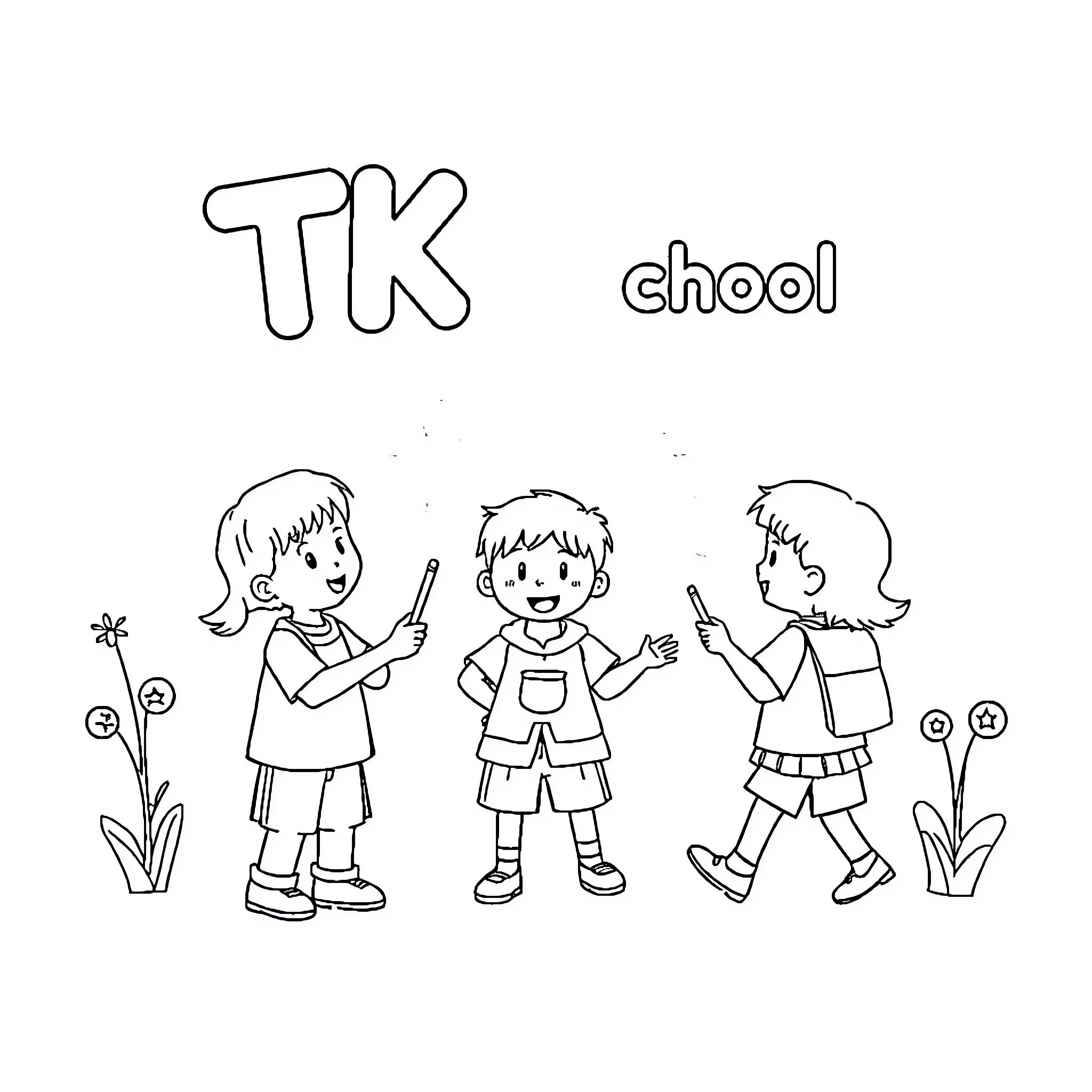 School children happily posing together Coloring Page (free black-and-white line drawing printable PDF for all, from beginners to advanced learners, including children, teens, adults, and seniors)