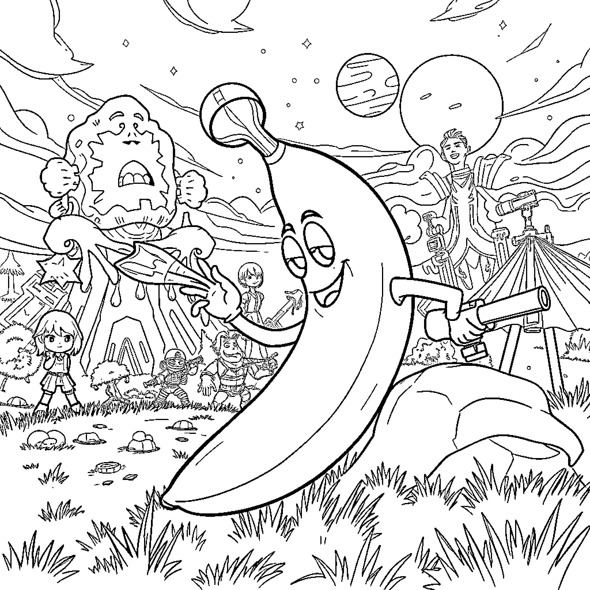Peely's Cosmic Adventure Coloring Page (free black-and-white line drawing printable PDF for all, from beginners to advanced learners, including children, teens, adults, and seniors)