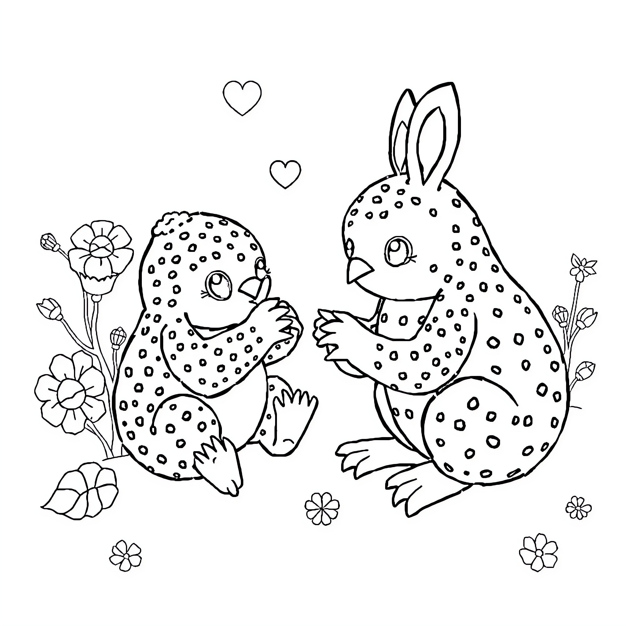 Stitch of Spotted Bunnies in Flower Field Coloring Page (free black-and-white line drawing printable PDF for all, from beginners to advanced learners, including children, teens, adults, and seniors)