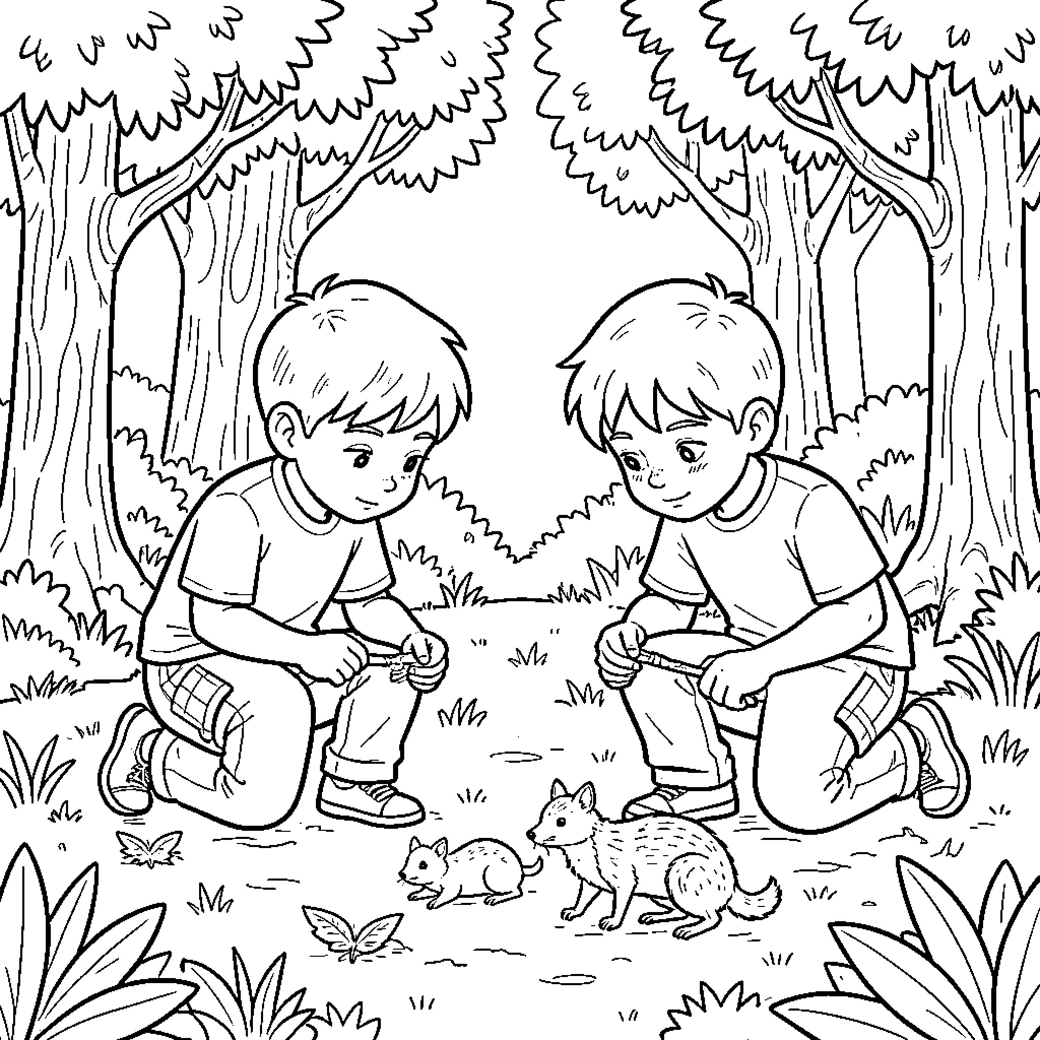 Boys exploring nature with furry friends Coloring Page (free black-and-white line drawing printable PDF for all, from beginners to advanced learners, including children, teens, adults, and seniors)