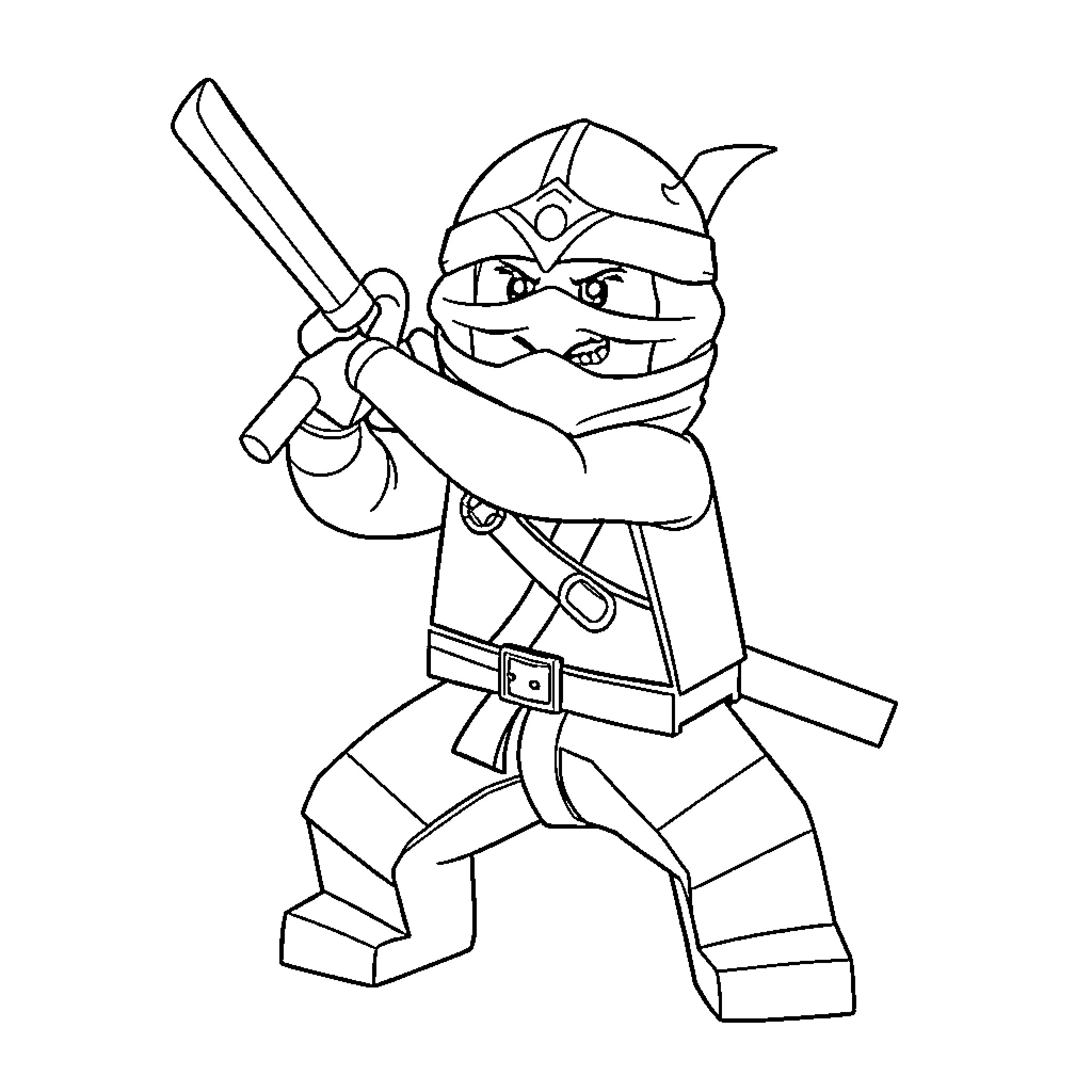Ninja warrior in action wielding sword Coloring Page (free black-and-white line drawing printable PDF for all, from beginners to advanced learners, including children, teens, adults, and seniors)
