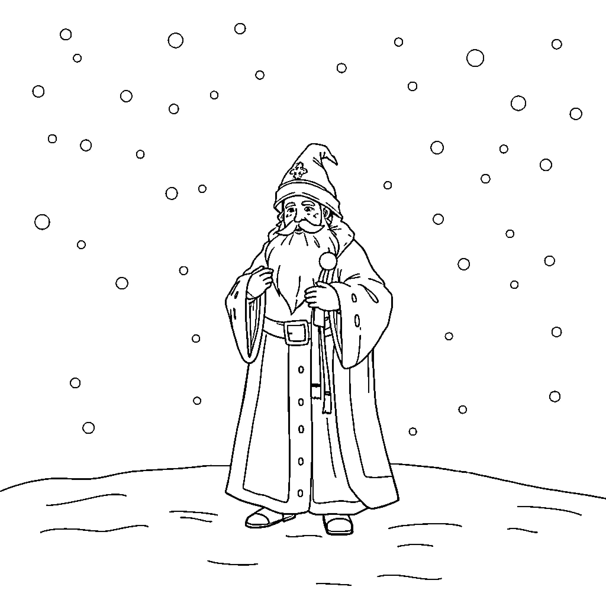 St. Nikolaus walking in snowy winter landscape Coloring Page (free black-and-white line drawing printable PDF for all, from beginners to advanced learners, including children, teens, adults, and seniors)