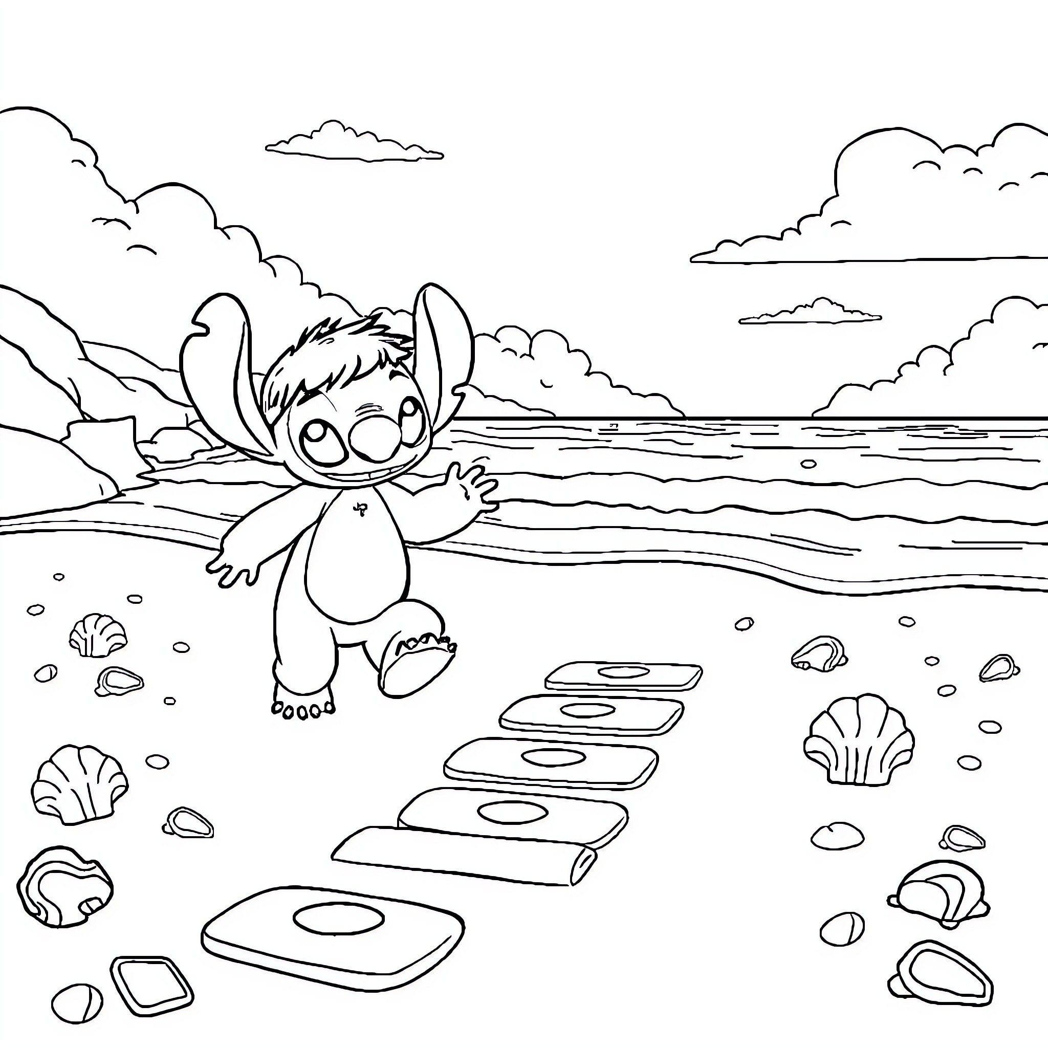 Lilo enjoying a beach day with natural wonders Coloring Page (free black-and-white line drawing printable PDF for all, from beginners to advanced learners, including children, teens, adults, and seniors)