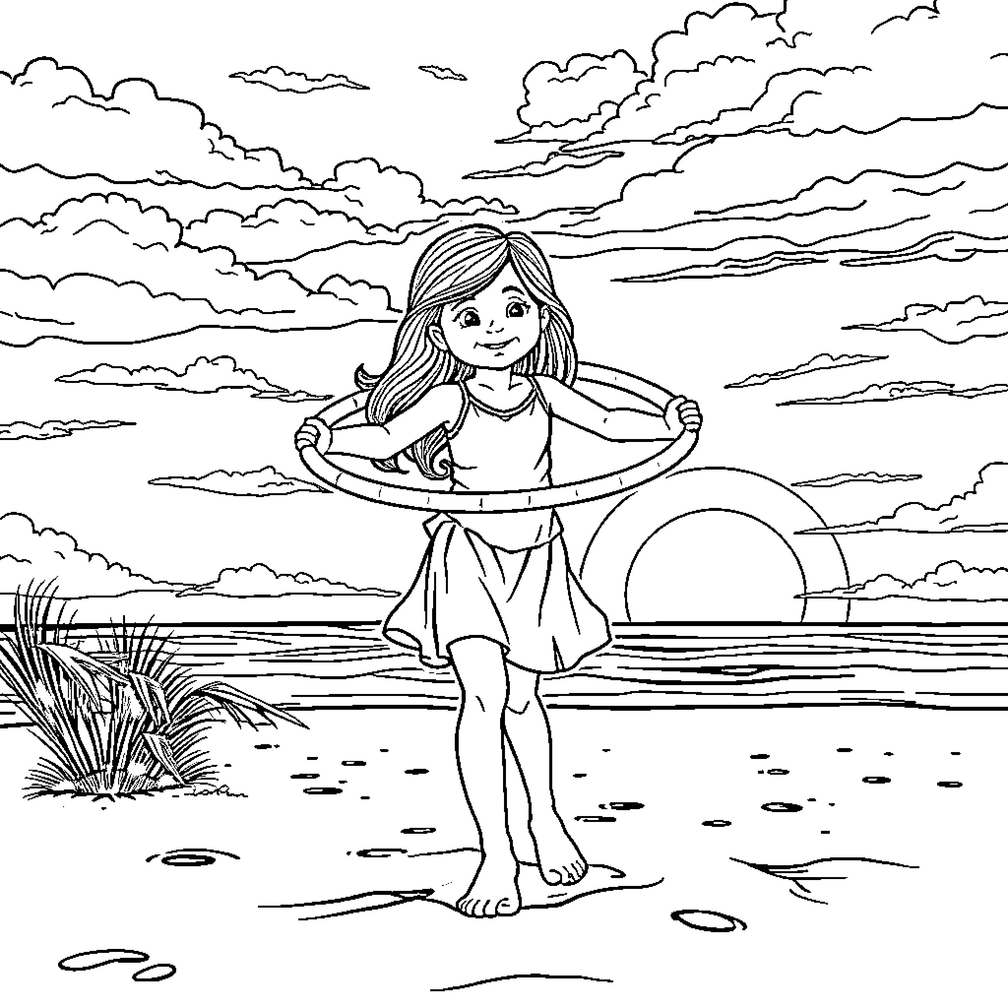 Girl playing with hula hoop on beach Coloring Page (free black-and-white line drawing printable PDF for all, from beginners to advanced learners, including children, teens, adults, and seniors)