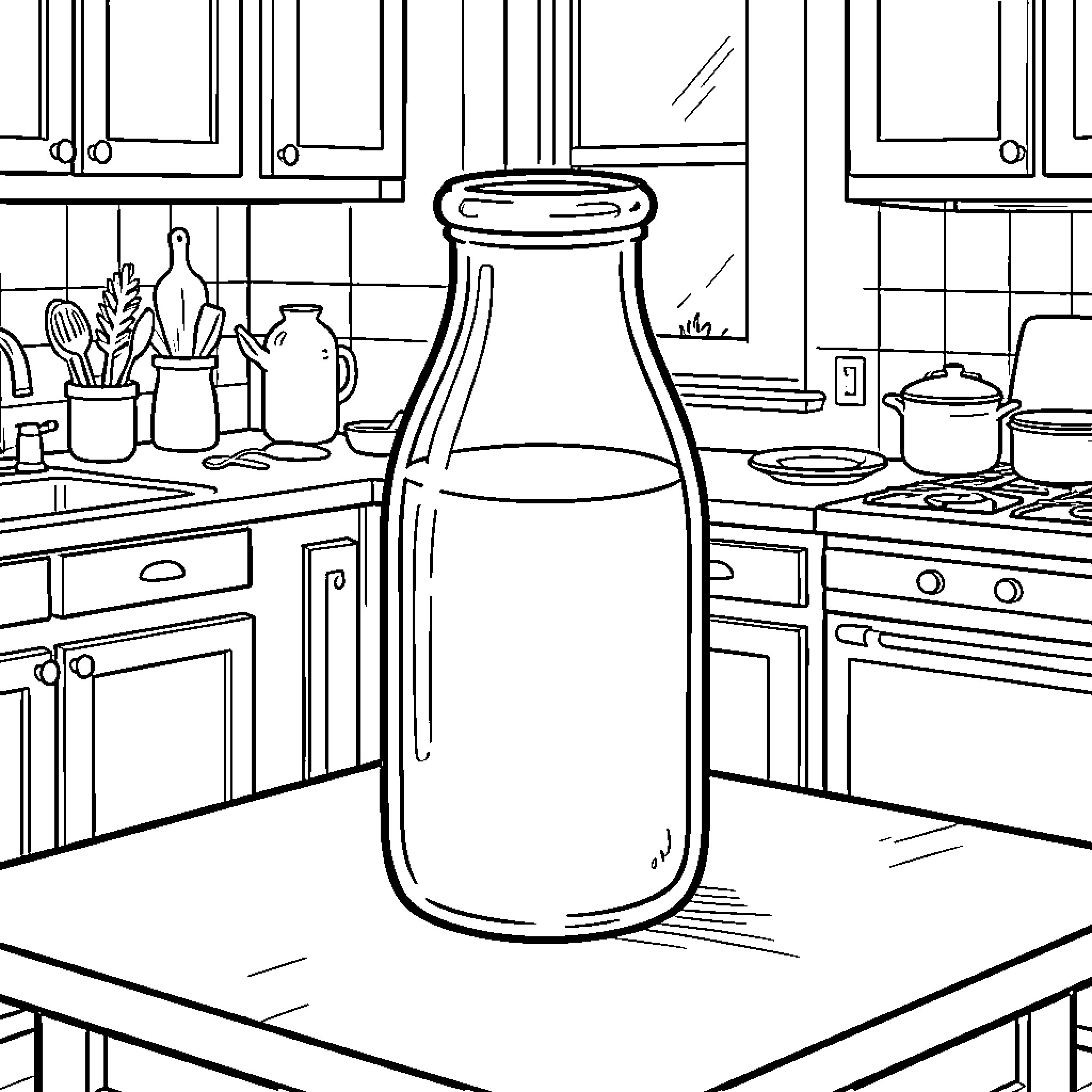 Milk Bottle in the Kitchen Coloring Page (free black-and-white line drawing printable PDF for all, from beginners to advanced learners, including children, teens, adults, and seniors)