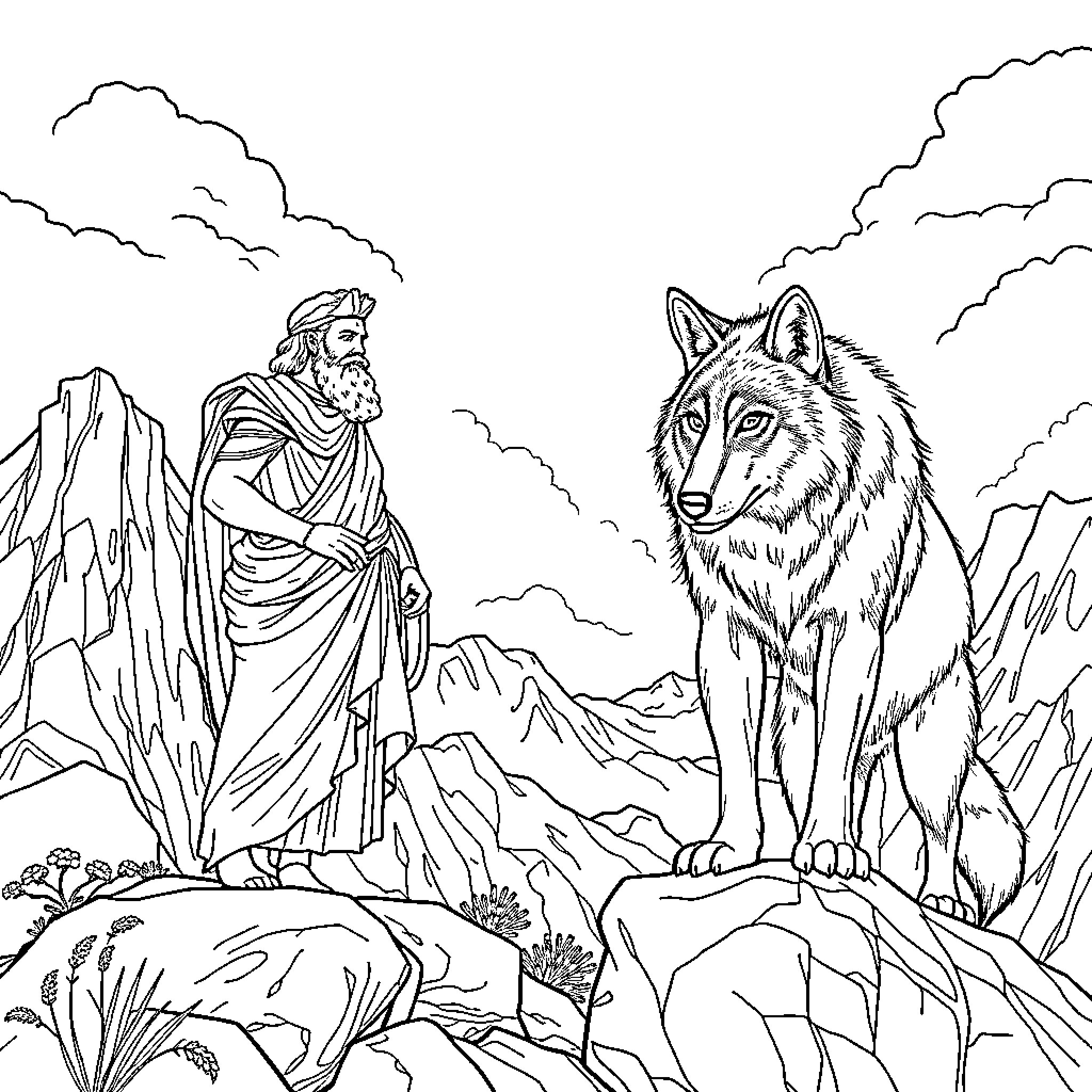 Wolf and ancient figure in dramatic mountain landscape Coloring Page (free black-and-white line drawing printable PDF for all, from beginners to advanced learners, including children, teens, adults, and seniors)