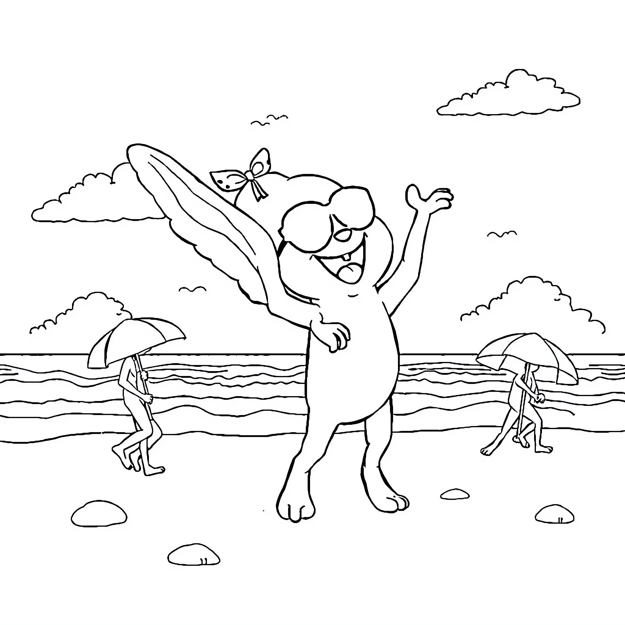 Paw Patrol characters enjoying a day at the beach Coloring Page (free black-and-white line drawing printable PDF for all, from beginners to advanced learners, including children, teens, adults, and seniors)